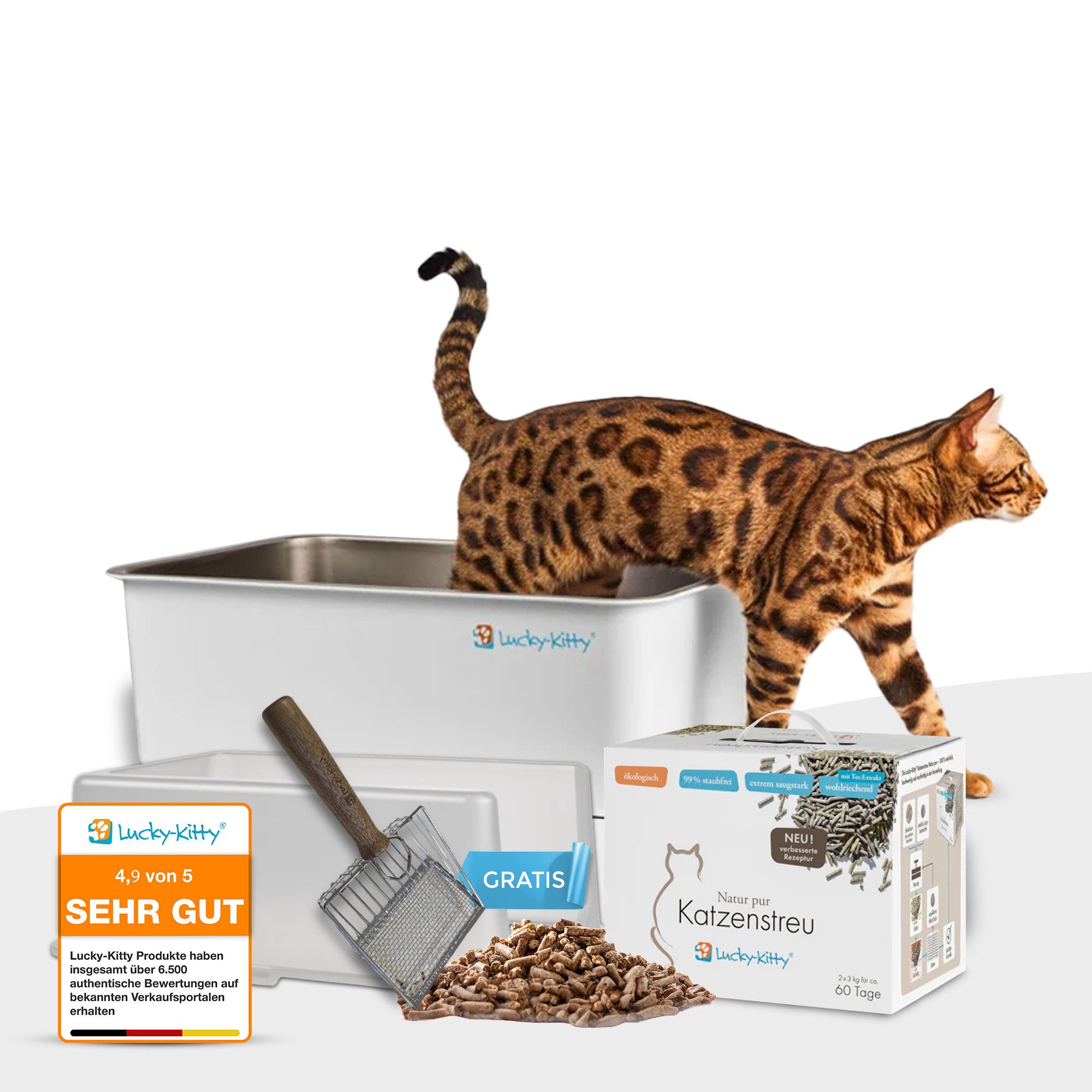 Katzentoilette Katzen Hygiene Starter-Set - XXL Katzenklo mit Schaufel & Katzenstreu