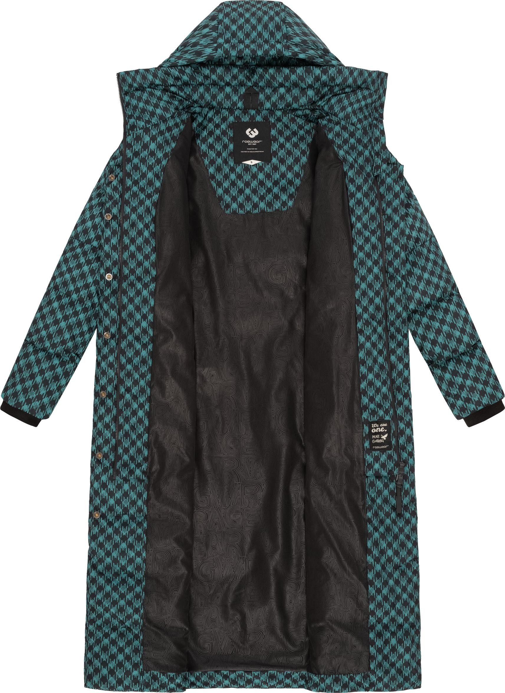 Ragwear Steppmantel Niara Long Print wasserdichter Mantel mit angesagtem Hahnentritt Muster