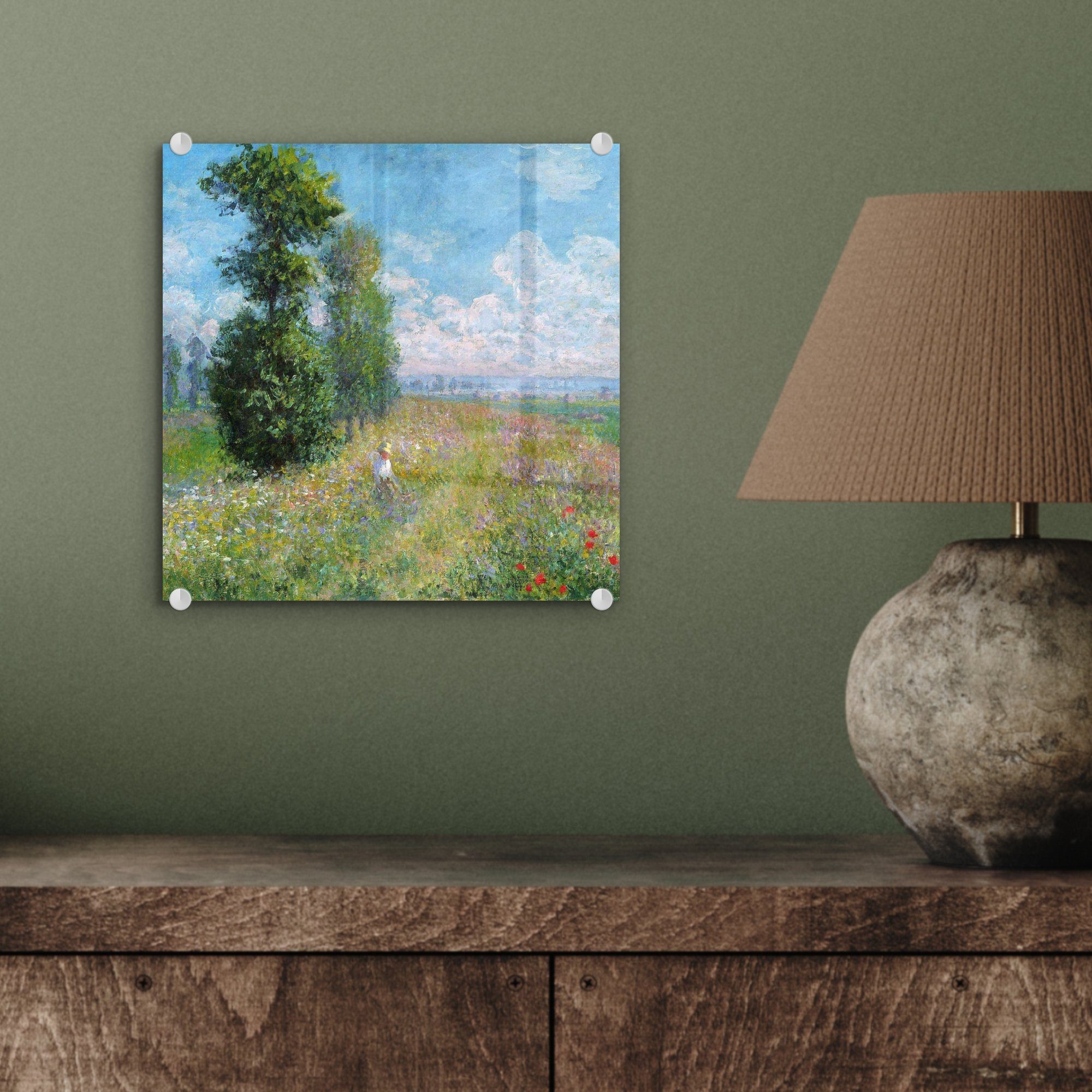 MuchoWow Acrylglasbild Wiese mit auf auf Wandbild Bilder - Foto Pappeln Glas Wanddekoration Glasbilder St), Claude Monet, (1 - - - Glas