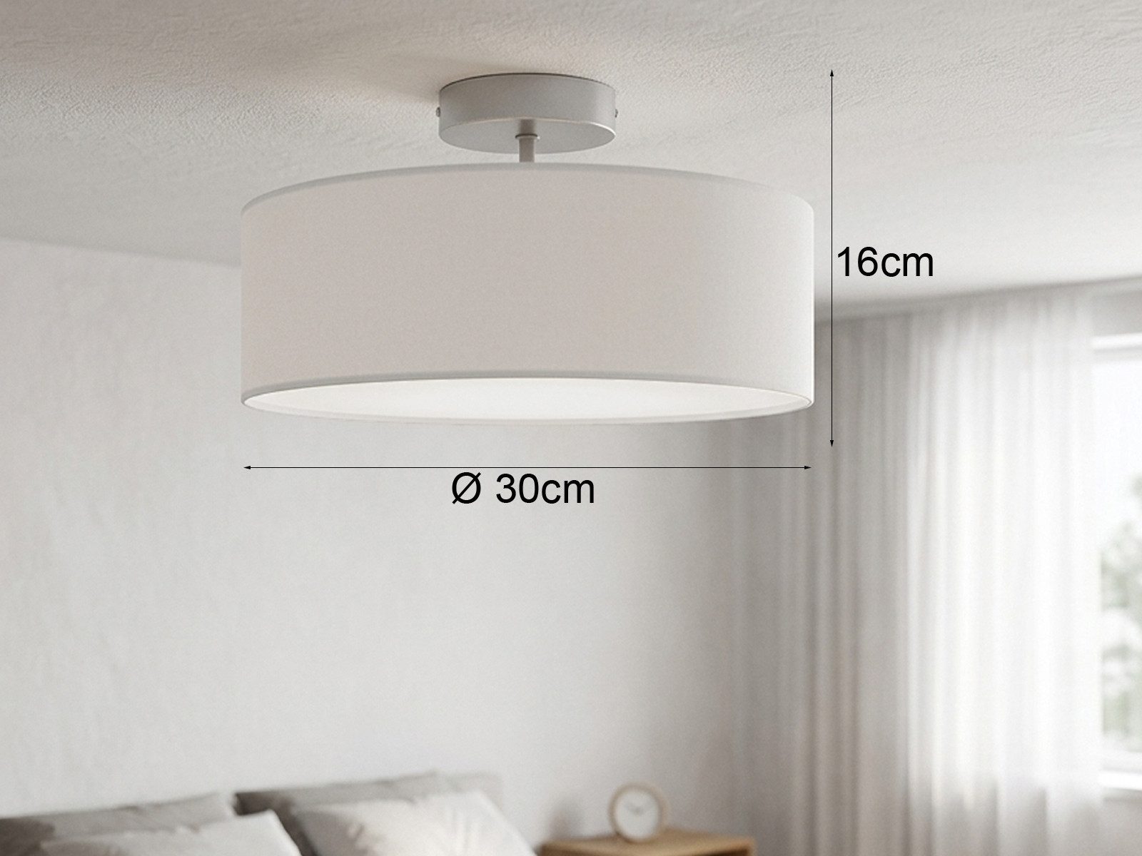 meineWunschleuchte Deckenleuchte mit Stoff Lampenschirm Weiß Ø 30cm, ohne Leuchtmittel, kleine Stoff-Lampe, gemütliche Deckenlampe, E14 Schlafzimmerlampe – Bild 4 von 5