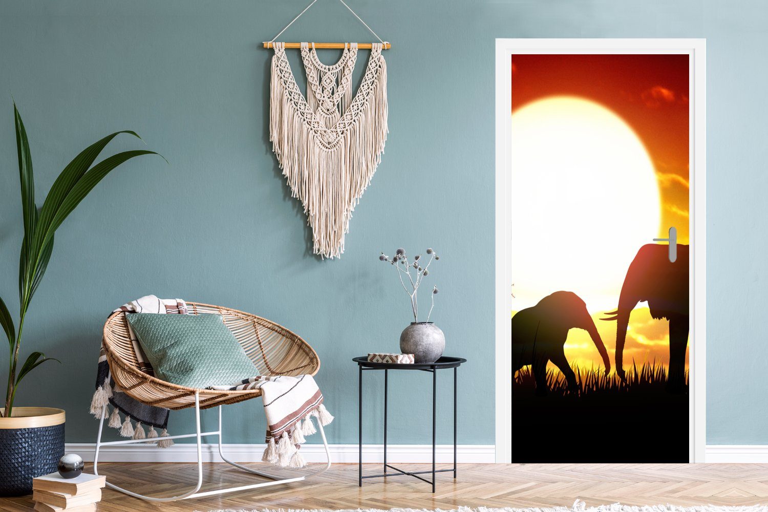 MuchoWow Türtapete Eine cm für bedruckt, (1 St), Fototapete Türaufkleber, Illustration Tür, Sonnenuntergang, bei von Matt, Elefanten 75x205