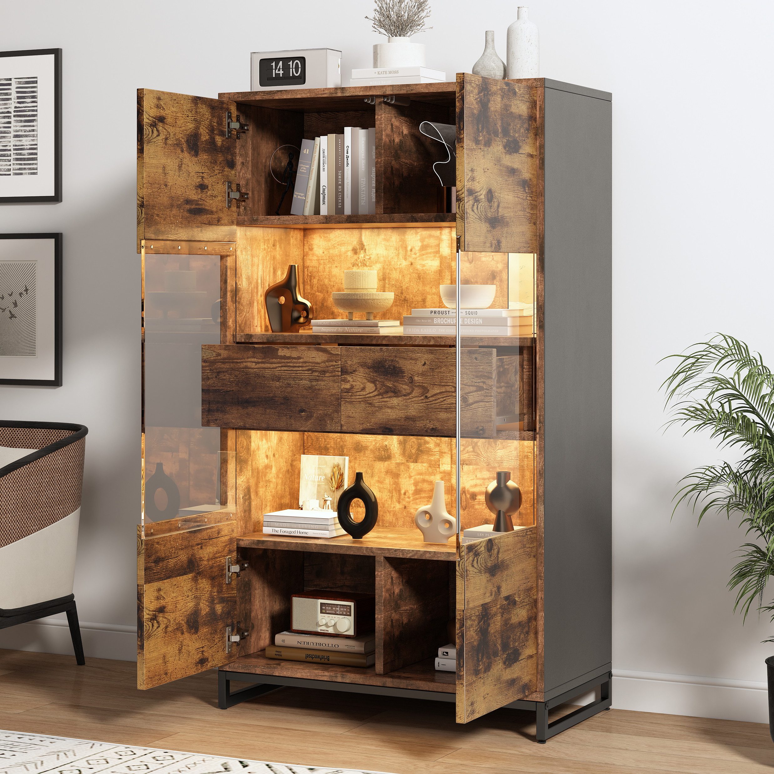STILVORA Vitrine Hochschrank mit LED&2 Schubladen,Highboard Stauraumvitrine Acrylblende (Stauraumvitrine mit Acrylblende, 1-St., mit 2 Schubladen) mit LED-Beleuchtung