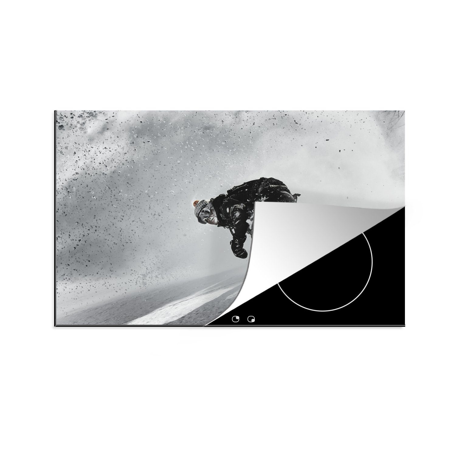 MuchoWow Herdblende-/Abdeckplatte Ein Snowboarder macht eine Kurve mit Stil, Vinyl, (1 tlg), 81x52 cm, Induktionskochfeld Schutz für die küche, Ceranfeldabdeckung