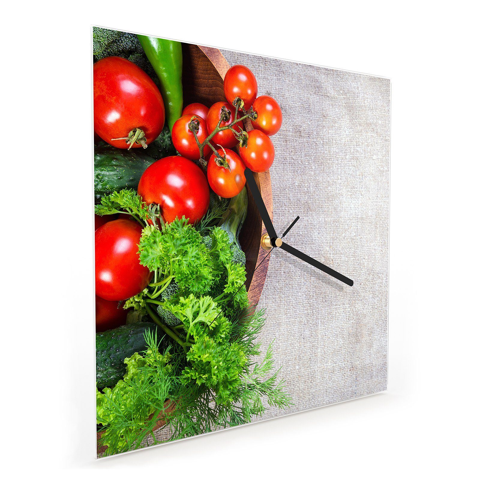x Größe Töpfchen Motiv Gemüse mit Wanduhr Wanduhr 30 cm Glasuhr im 30 Wandkunst Primedeco