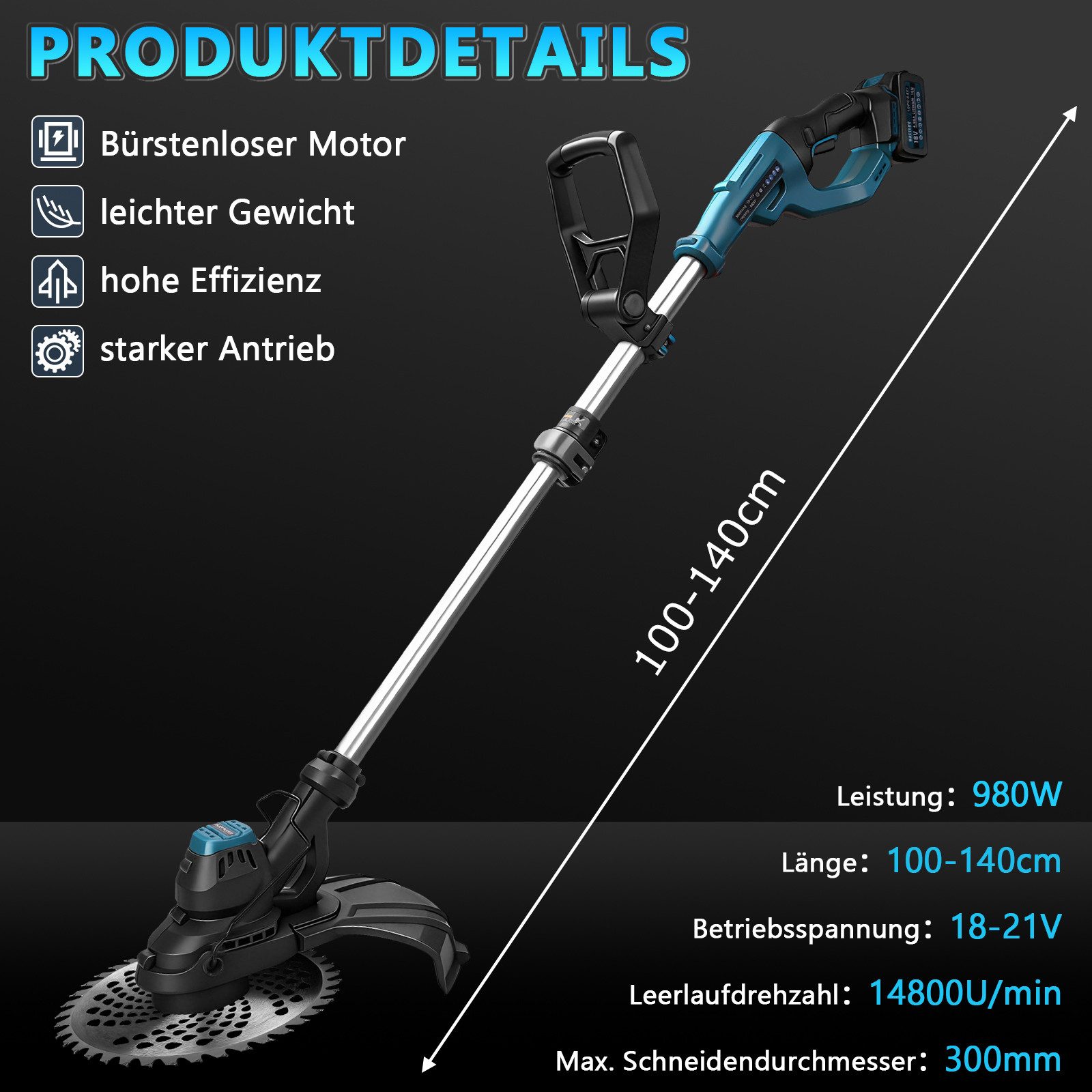 XERSEK Akku-Rasentrimmer Elektro-Grastrimmer mit Bürstenloser Motor, 14800U/min 980W Motorsense, 30 cm Arbeitsbreite Messer, 2*4,0Ah Akkus, Freischneider Rasenmäher Trimmer Für Garten Rasen