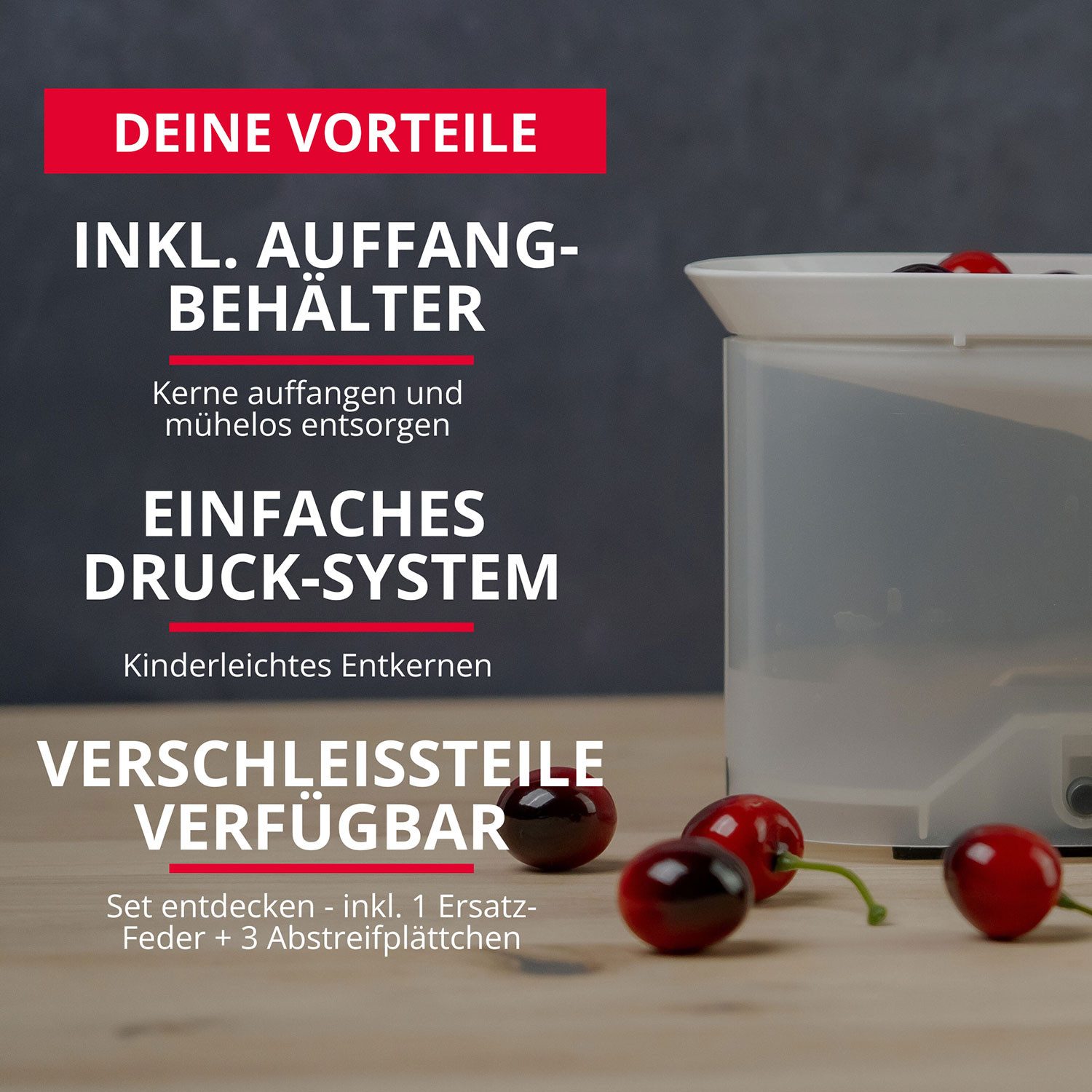 WESTMARK Entkerner für Kirschen mit Schütte und Kernkassette, Höhe: 22 cm, Kirschentkerne, PP, Silikon, Edelstahl