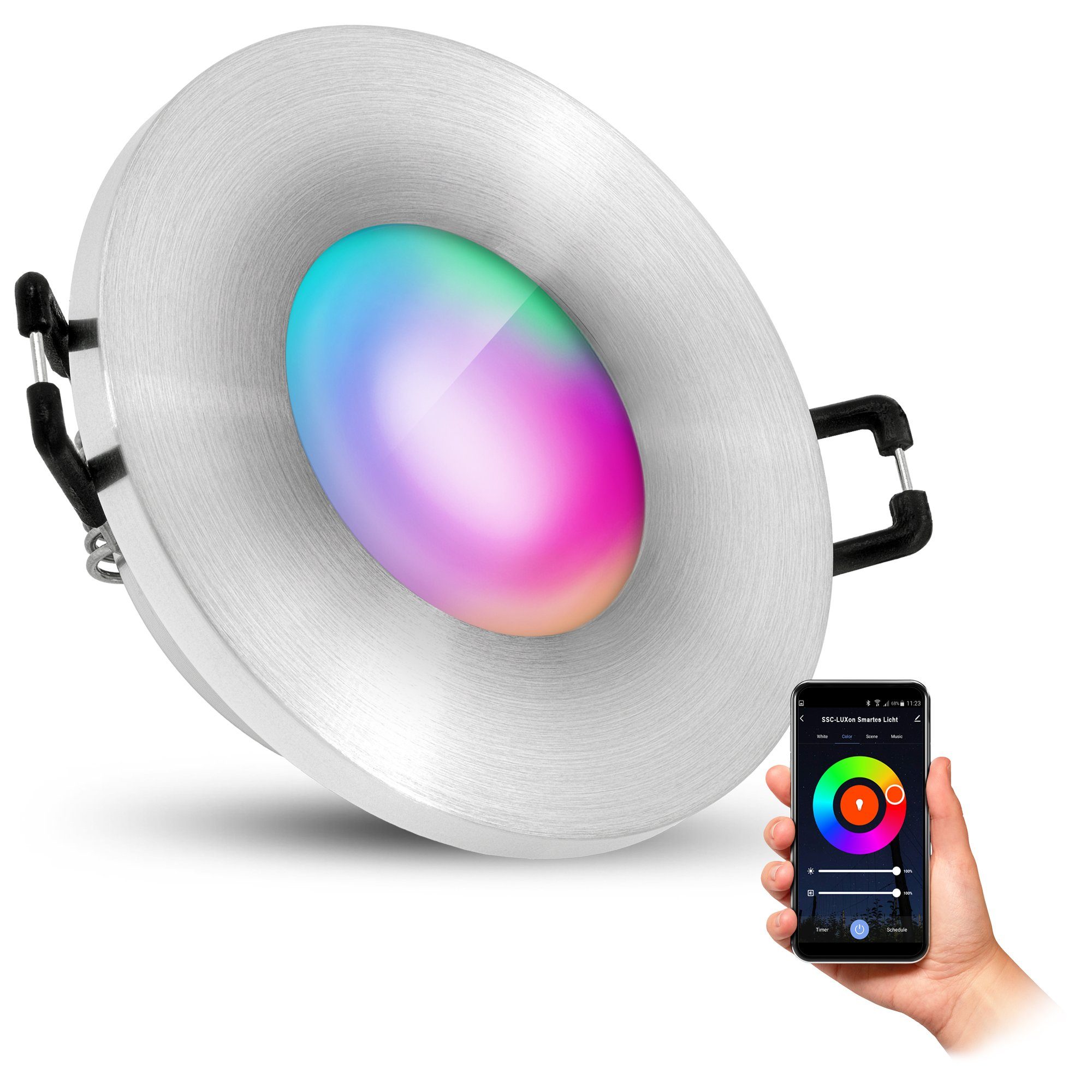 SSC-LUXon LED Außen-Deckenleuchte Einbaustrahler BEDA in silber gebuerstet & rund IP65 mit Modul LED, RGB & Weißtöne