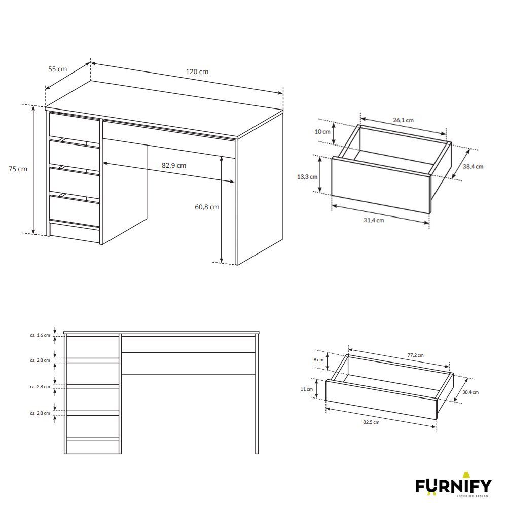 Schubladen: Furnify Computertisch Weiß Schreibtisch 5 GUSTAW mit Matt