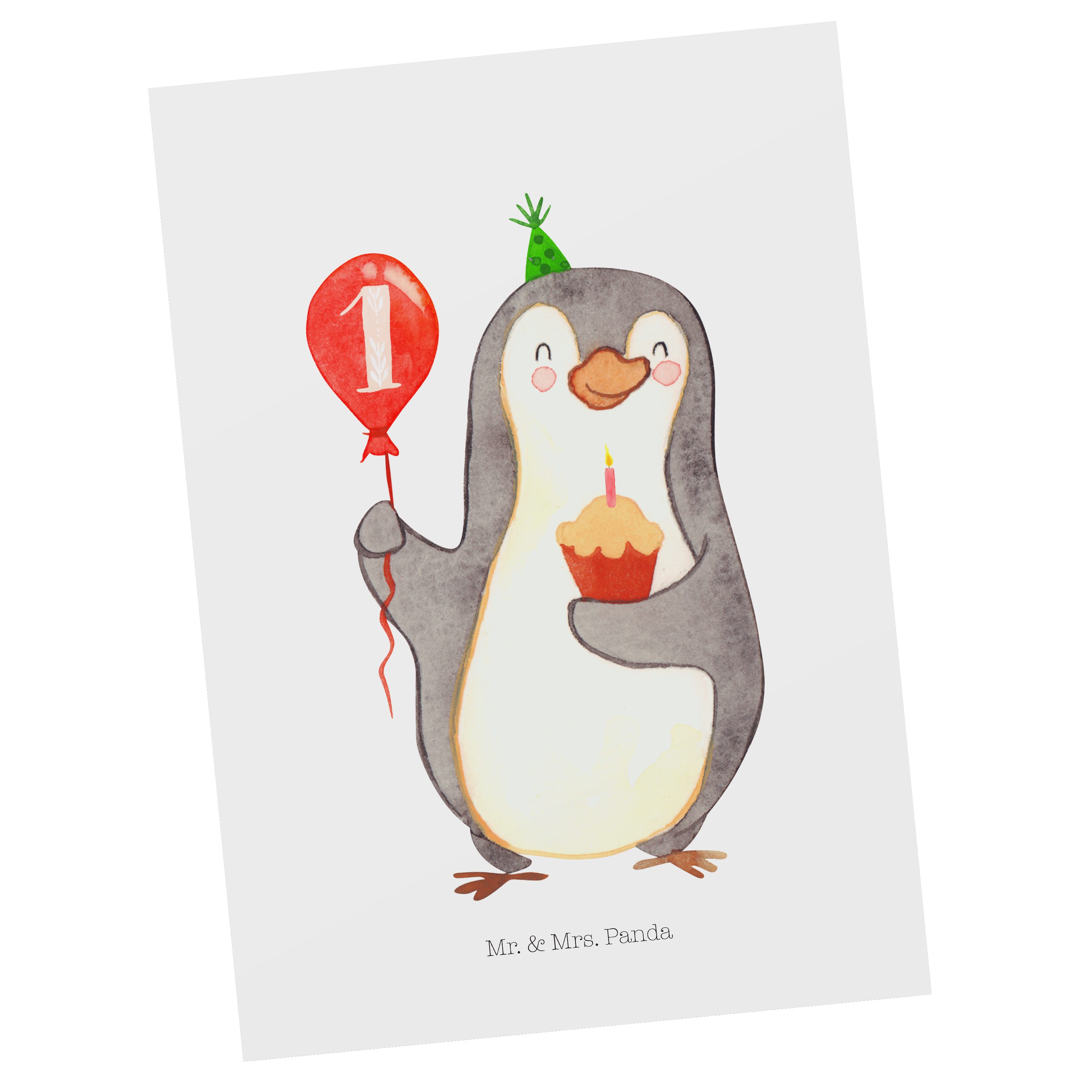 Mr. & Mrs. Panda Postkarte 1. Geburtstag Pinguin Luftballon - Weiß - Geschenk, Geburtstagsgesche