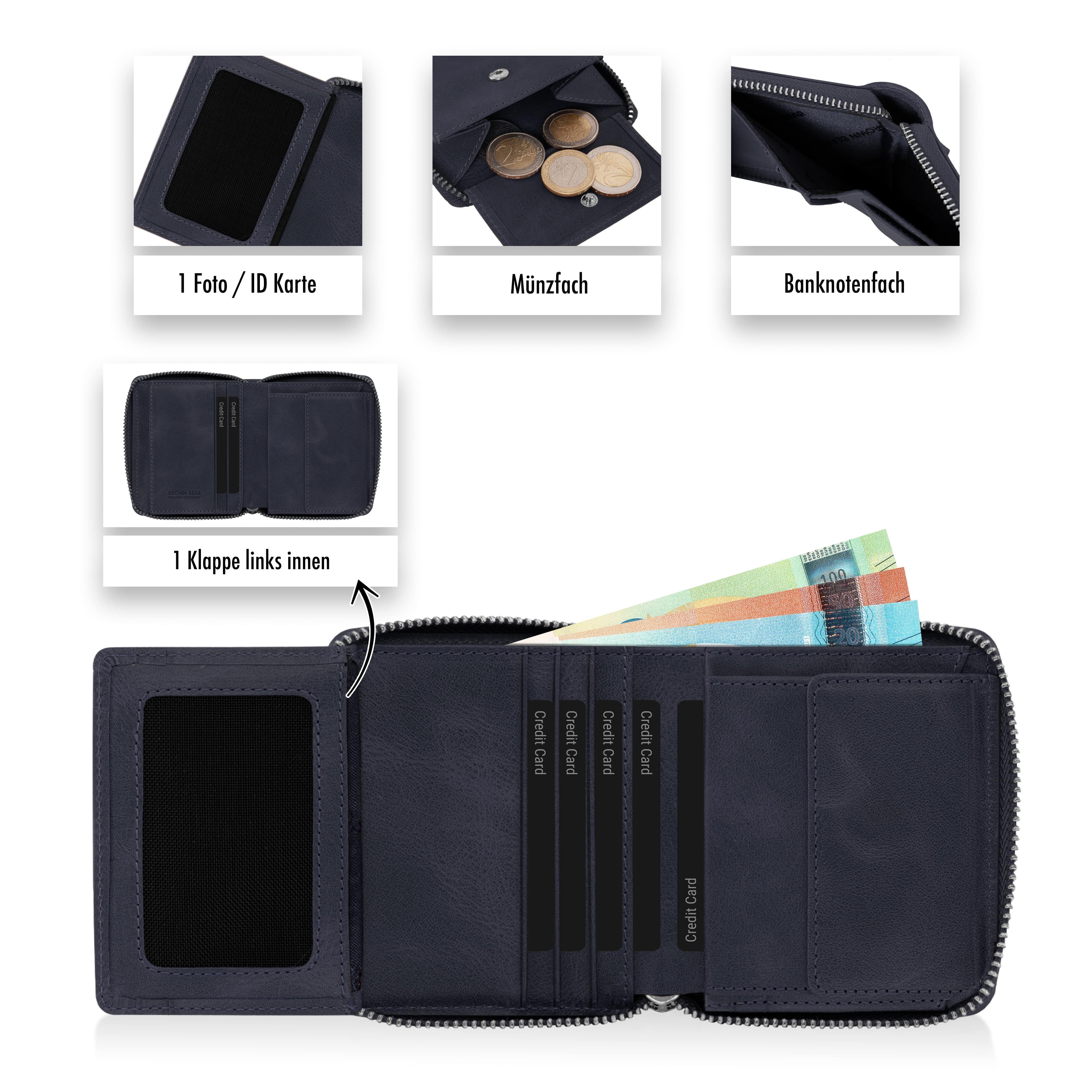 Brown Bear Geldbörse BB Max Echtleder Carré mit Reißverschluss, RFID, 7 Kartenfächer, Farbe Blau-Vintage