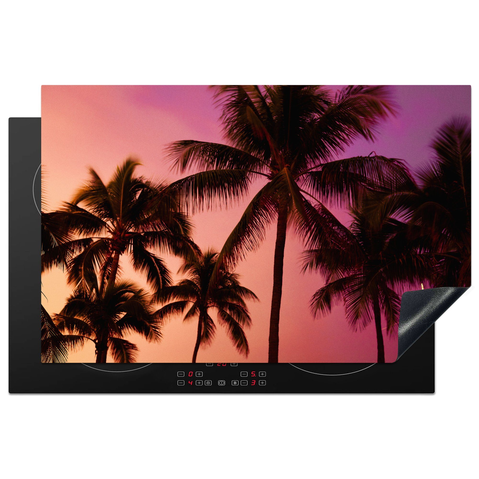 MuchoWow Herdblende-/Abdeckplatte Silhouetten von Palmen vor einem farbigen Himmel, Vinyl, (1 tlg), 81x52 cm, Induktionskochfeld Schutz für die küche, Ceranfeldabdeckung