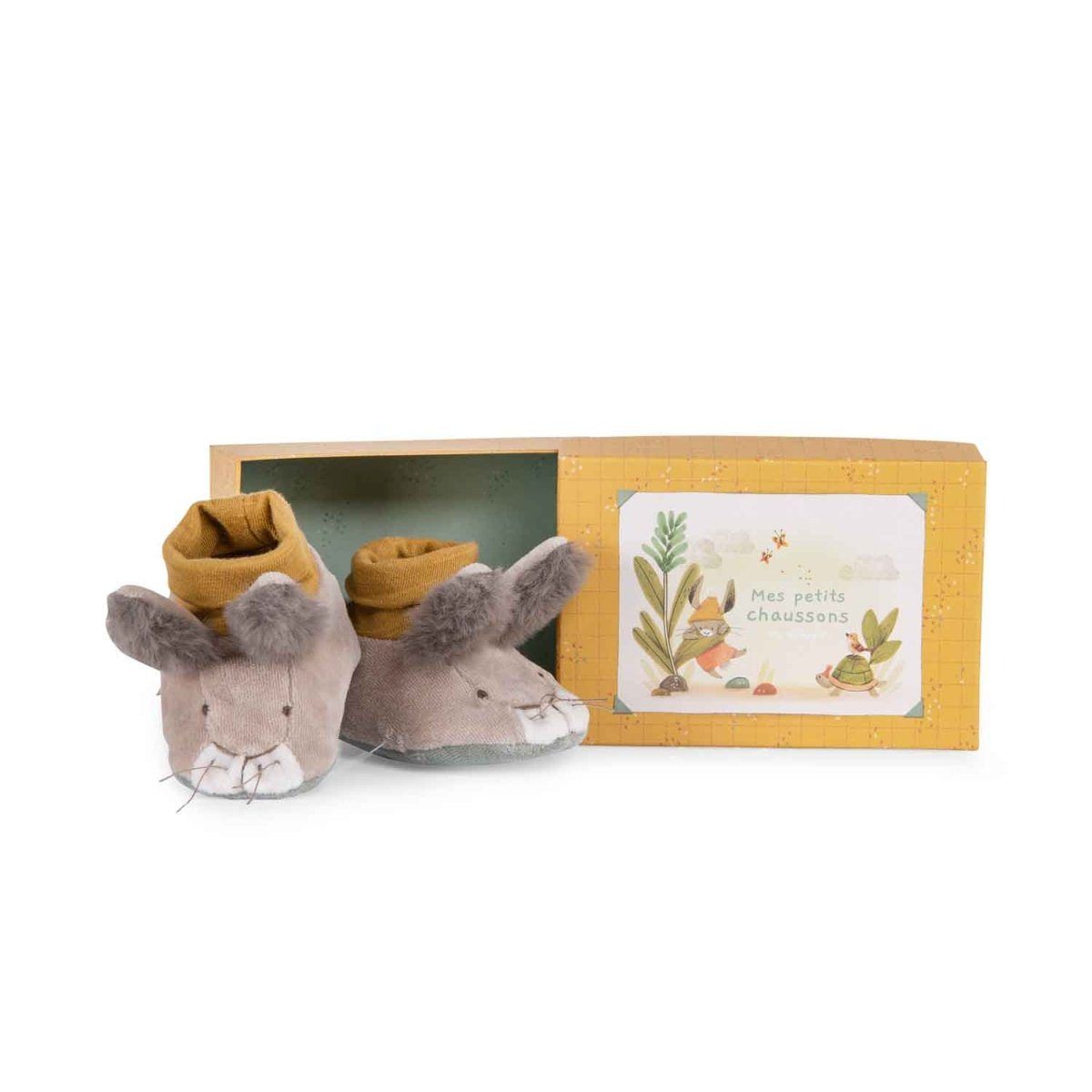 Moulin Roty Trois Lapins Geschenkbox m Krabbelschuh 0-6 Kaninchen Babyschuhe Stoffschuhe