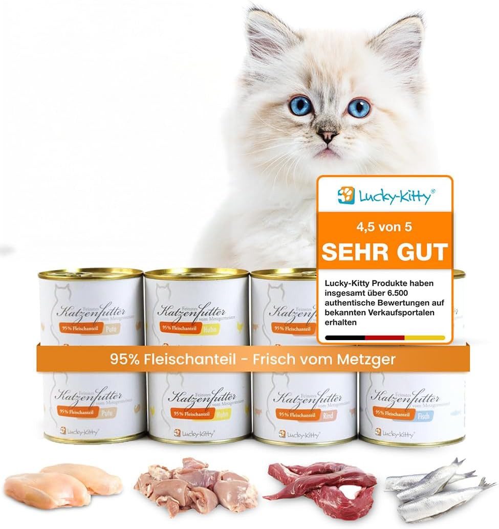 Lucky-Kitty Katzenfutter Probierset mit 4 Sorten,Metzgerqualität, Nassfutter für: Katzen, 95% Fleischanteil, ohne Getreide, Zucker oder Füllstoffe
