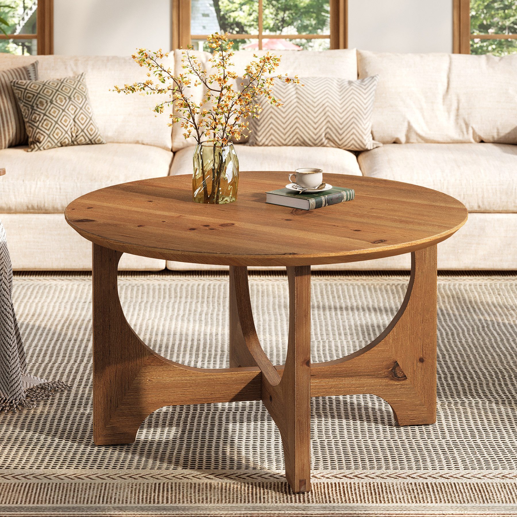 Tribesigns Couchtisch Runde Couchtisch aus Massivholz, 80 cm Moderne hölzerne Akzent Mitte