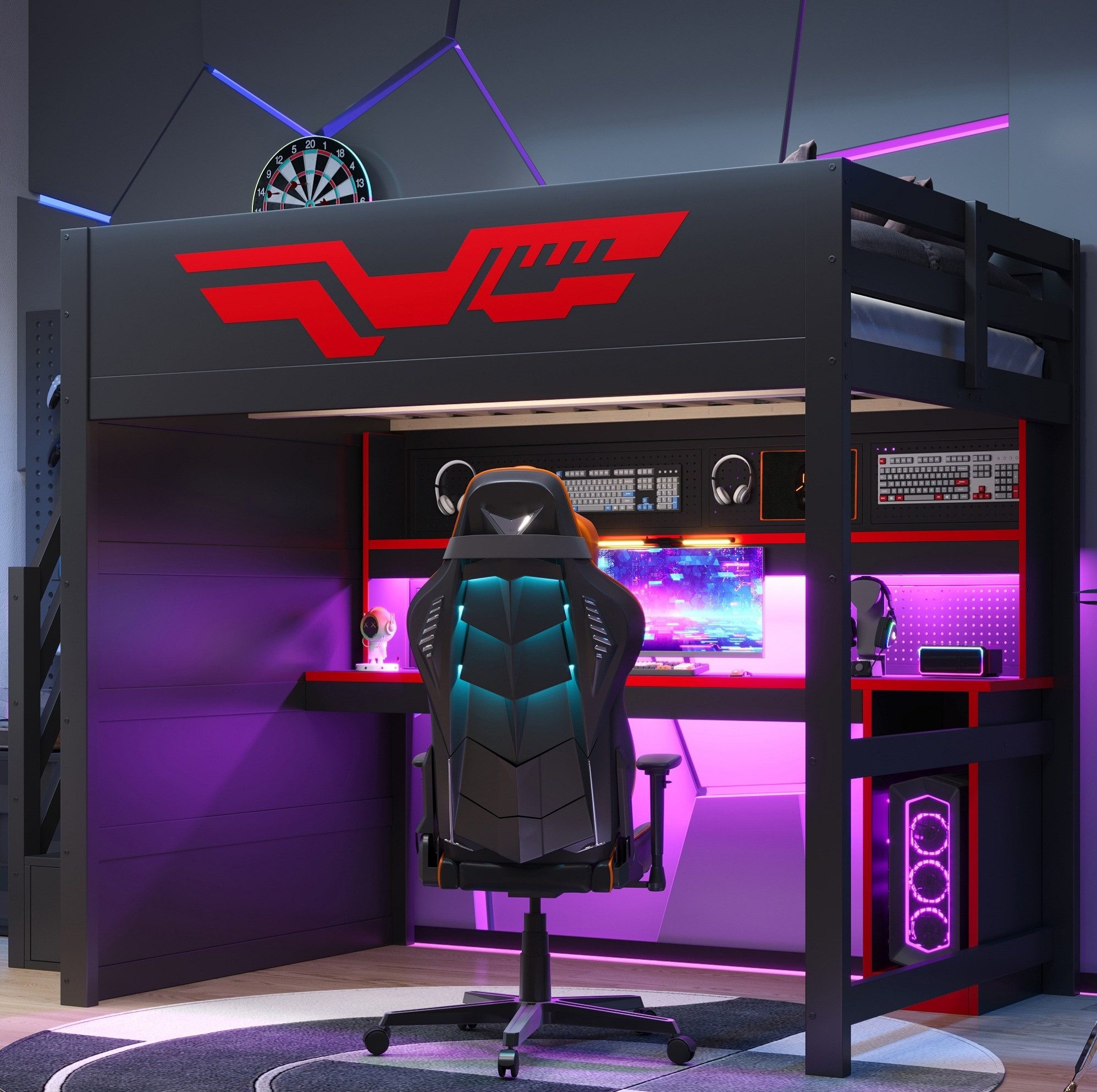 OKWISH Hochbett 140x200 cm Gaming Etagenbett Schwarz mit Schreibtisch Design (Packung, 1-St., Bettgestell ohne Matratze mit Stauraum für Kinderzimmer) Jugendbett mit LED Beleuchtung USB Anschluss und Treppenfächern