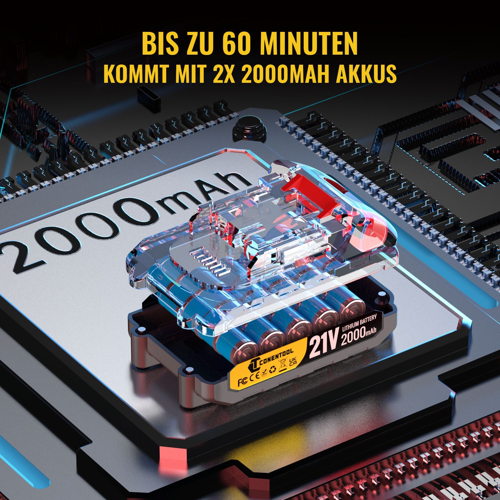 CONENTOOL Akku-Rasentrimmer 21V mit 4000mAh Akku, Verstellbarer Teleskopstiel, 15 cm Arbeitsbreite Messer, (Set, mit Akku und Ladegeät), inkl. 2 x 2.0Ah Akkus