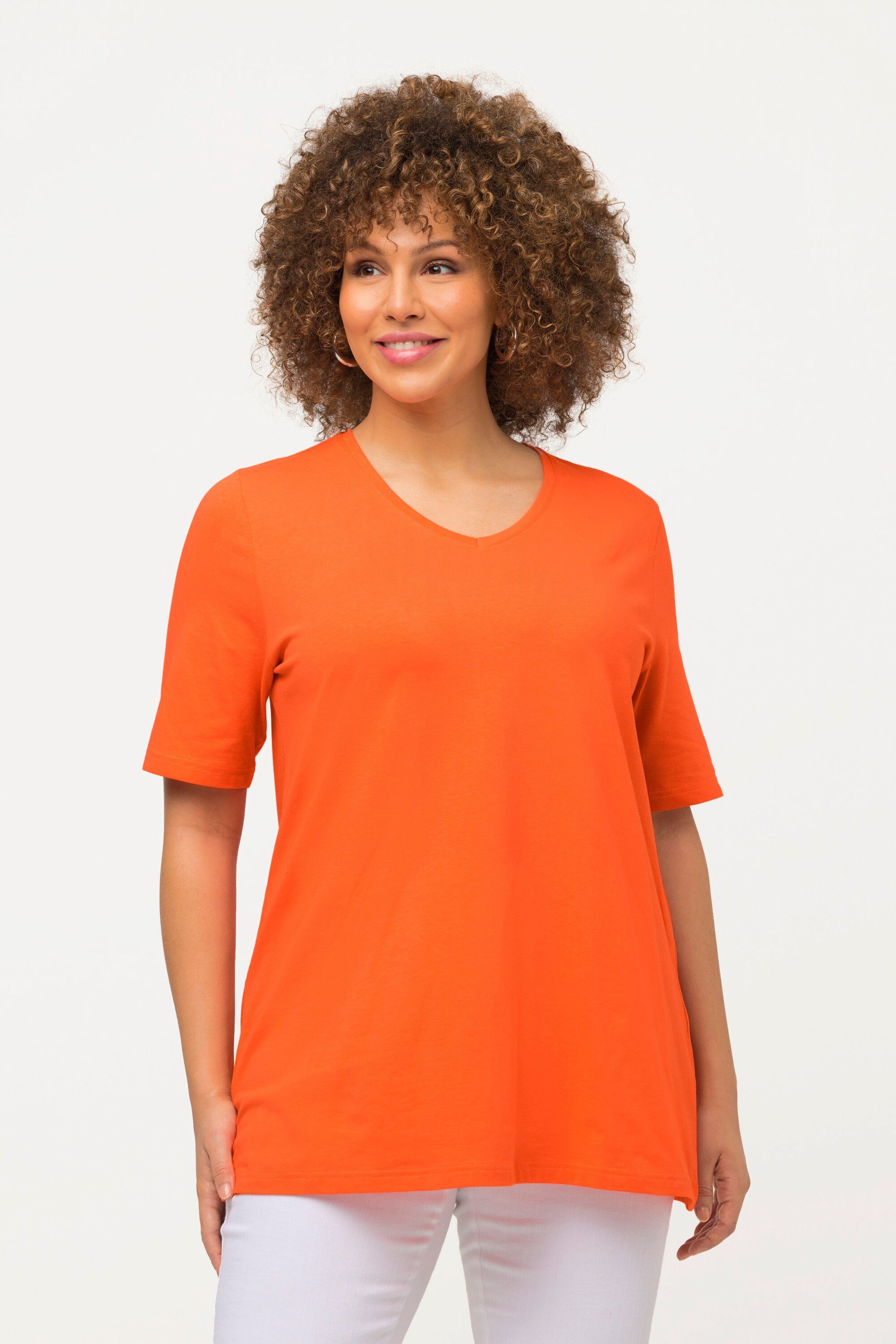 Ulla Popken Rundhalsshirt T-Shirt A-Linie V-Ausschnitt Halbarm mandarine