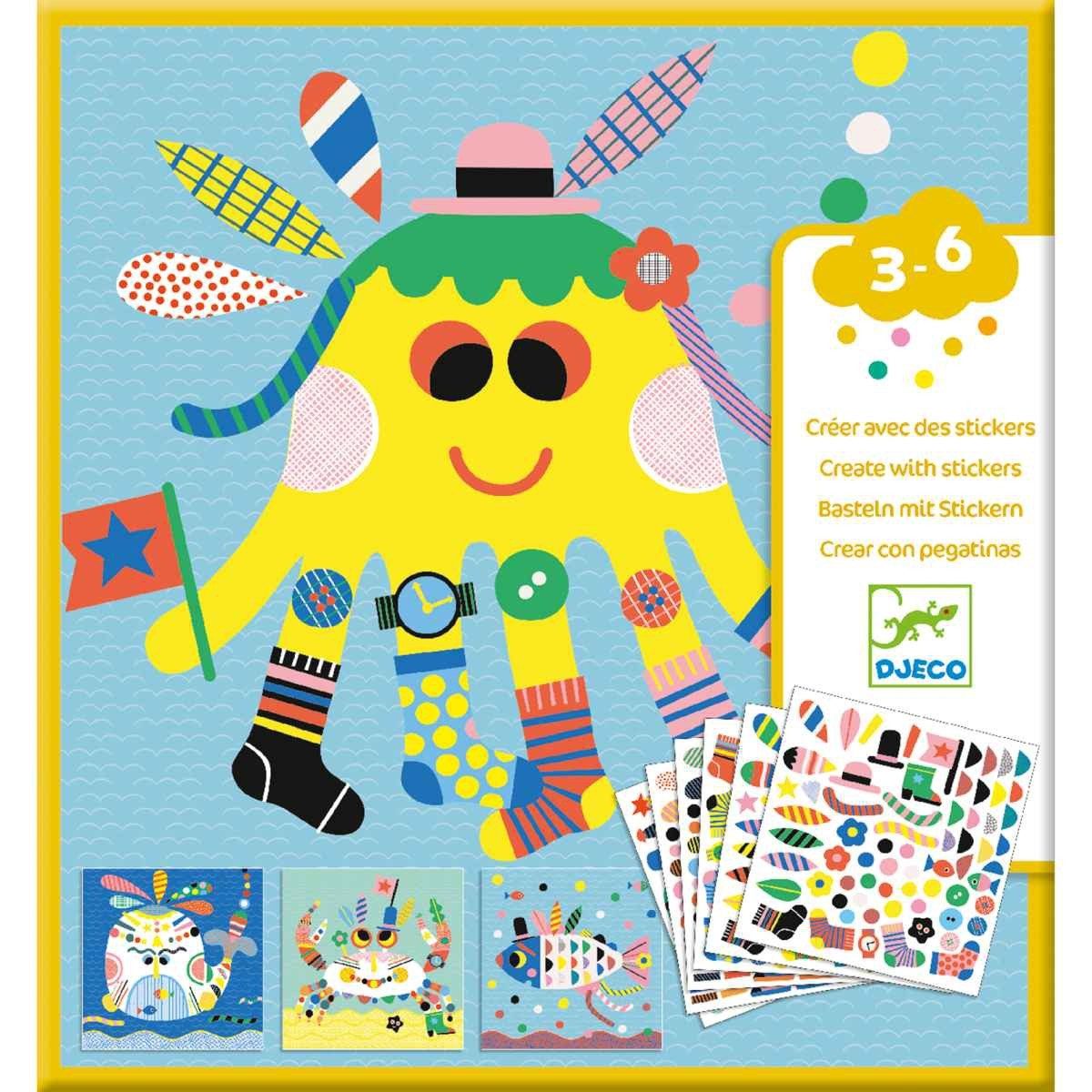 DJECO Kreativset Sticker + Vorlage: Meerestiere Kreativset für Kinder
