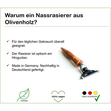 Olivenholz-erleben Nassrasierer Nassrasierer „ZUGSPITZE“ mit Olivenholzgriff M3, 2-tlg., mit Olivenholzgriff und scharfer Klinge