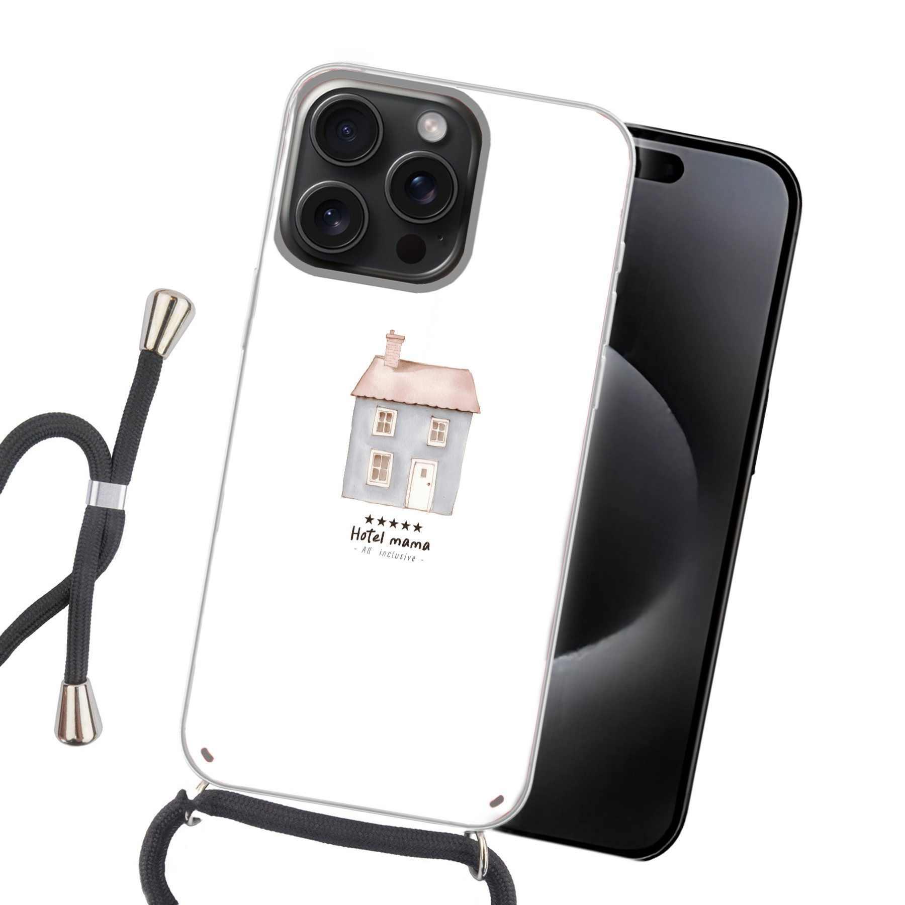 MuchoWow Handyhülle für Apple iPhone 15 Pro Max Hellblau - Haus - Mutti - Text, Tragbare Handyhüllen mit Kette zum umhängen, Handykette Handyband