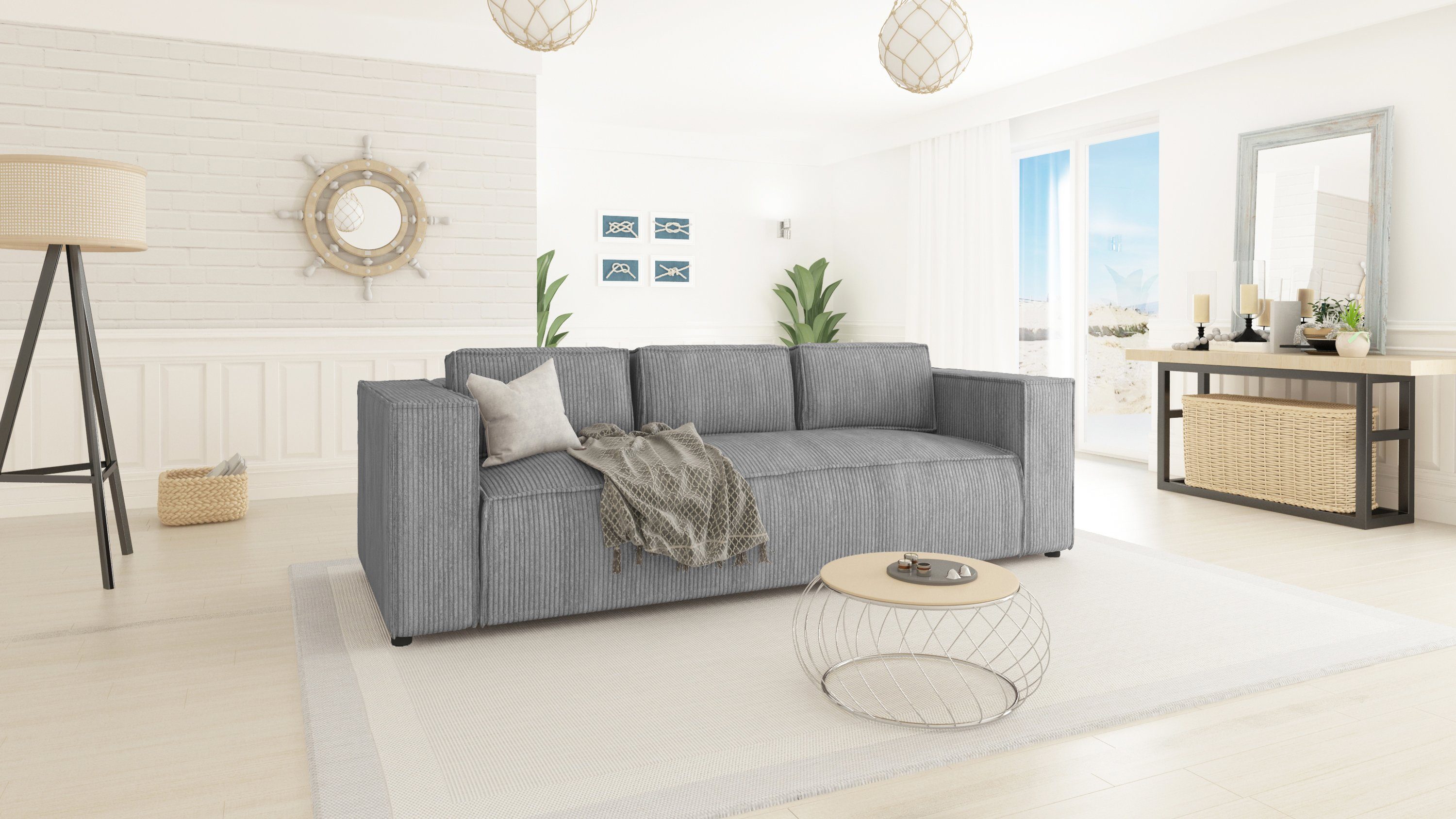 S-Style Möbel 3-Sitzer Cord sofa Renne, 1 Teile, mit Wellenfederung Hellgrau