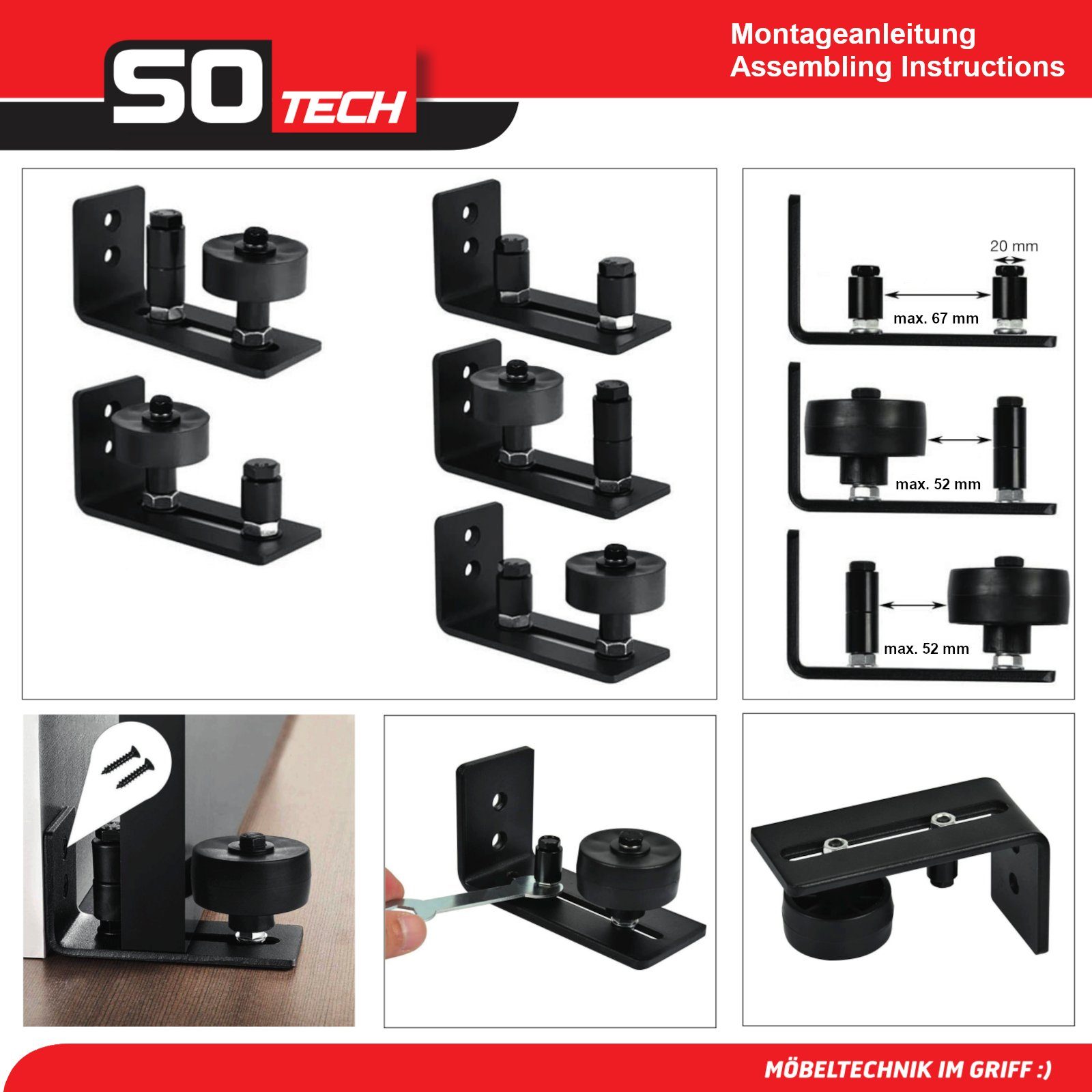 SO-TECH® Schienensystem Schiebetür-Bodenführung, einstellbare Bodenführung, ST-BF-02, Wandmontage, Rollenführung Türstärke 0 bis 65 mm – Bild 4 von 5