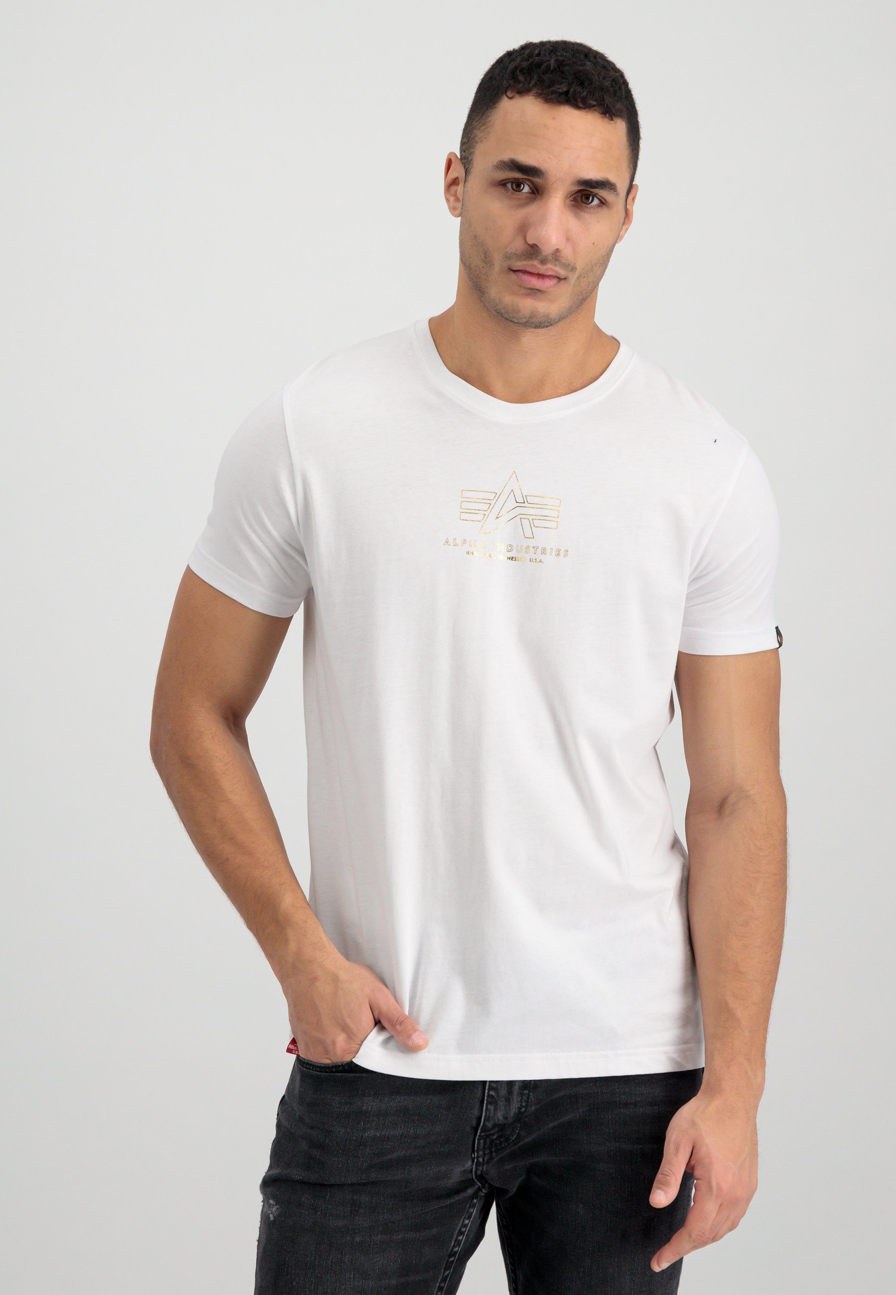 Men Industries Alpha Foil Industries am an den Basic - und ML Ärmeln Kontrastrippe T-Shirts Halsausschnitt Print, T-Shirt Alpha T