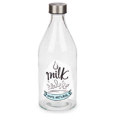 Annastore Milchbehälter Milchflaschen aus Glas mit Schraubverschluss-Deckel aus Edelstahl, 1 Liter - H 26,5 cm