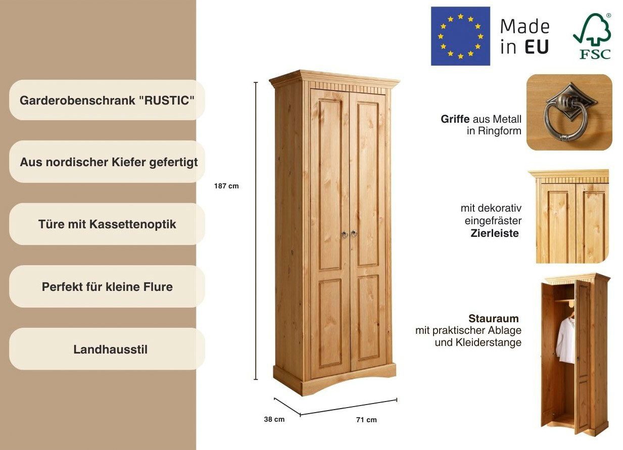 OTTO home Garderobenschrank Rustic aus massiver Kiefer, Breite 71 cm, Kassettenoptik