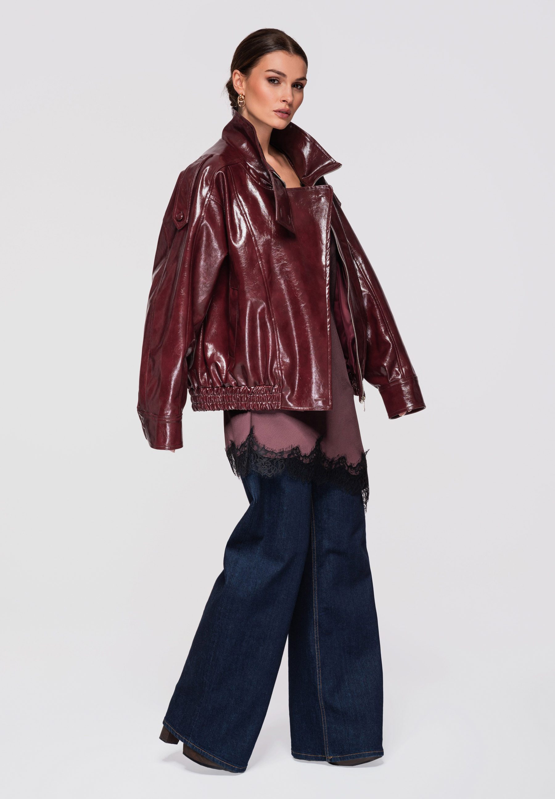 OMBRE Lederimitatjacke Oversize-Damenjacke mit überschnittener Schulter und hohem Stehkragen