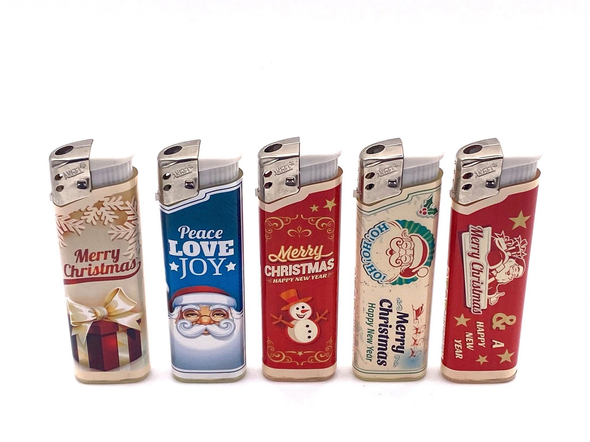 meytrade Feuerzeug vintage, retro Design für Weihnachten & Adventszeit 5 Stück im Set, merry Christmas vintage Feuerzeuge im 5er Set