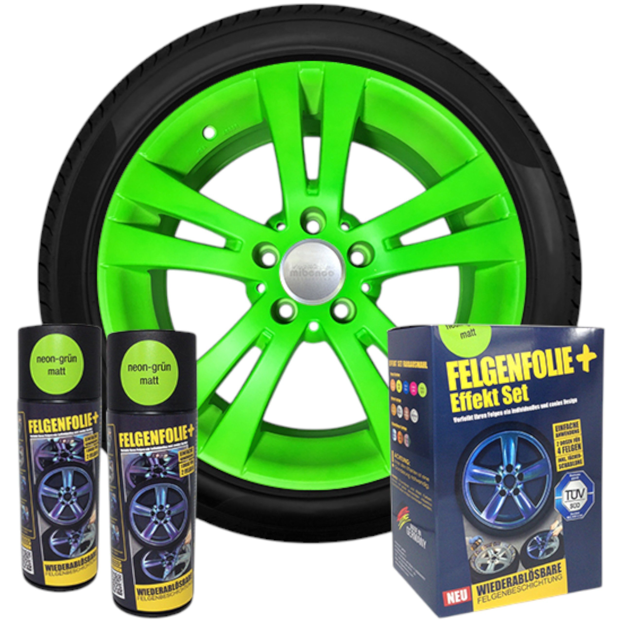 mibenco Felgenaufkleber Felgenfolie + Effekt Set 2×400 ml Neongrün – Sprühfolie für Felgen