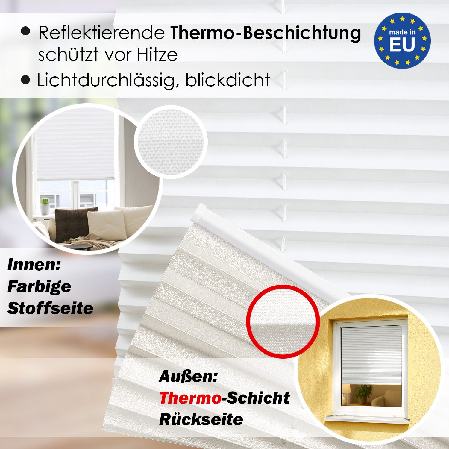 DomDeco Plissee Premium Thermo Plissee ohne Bohren, Sichtschutz, lichtdurchlässig, blickdicht, Klemmfix, Thermo-Wärmeschutz, verdunkelnd, blickdicht, Stufenlos – Bild 2 von 5