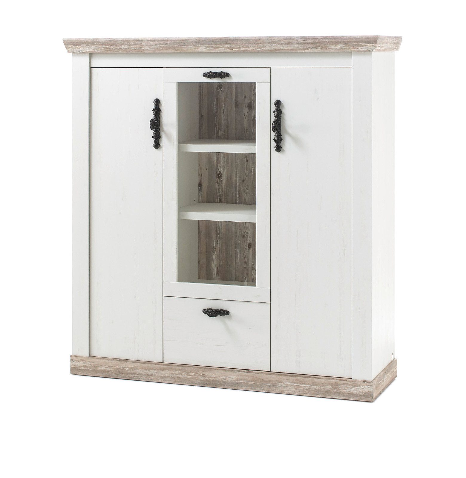 Furn.Design Highboard Rovola (Schrank in Pinie weiß Landhaus mit Oslo-Pinie, 140 x 146 cm), 11 Fächer