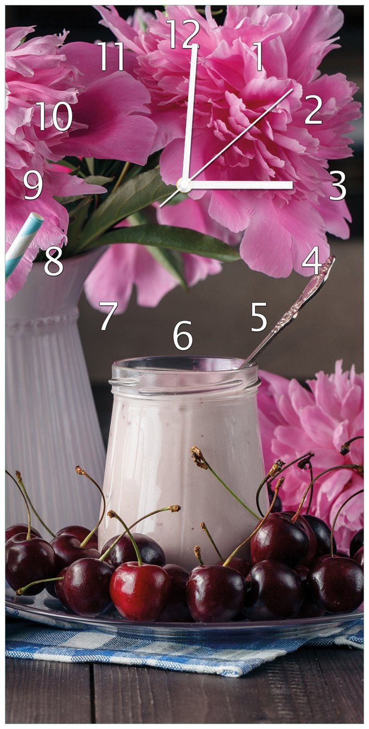Wallario Wanduhr Milch mit Kirschen zum Frühstück mit rosa Blumenarrangement (Uhr aus Acryl) | Wanduhren