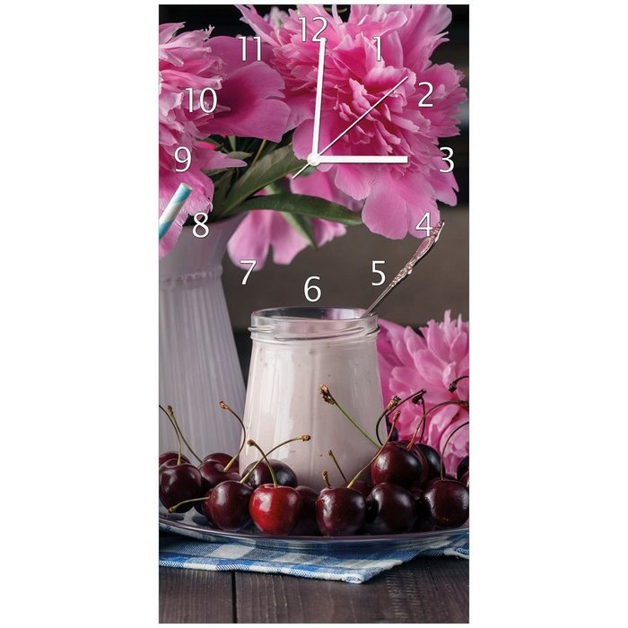 Wallario Wanduhr Uhr aus Acryl - Motiv: Milch mit Kirschen zum Frühstück mit rosa Blumenarrangement (lautloses Uhrwerk)