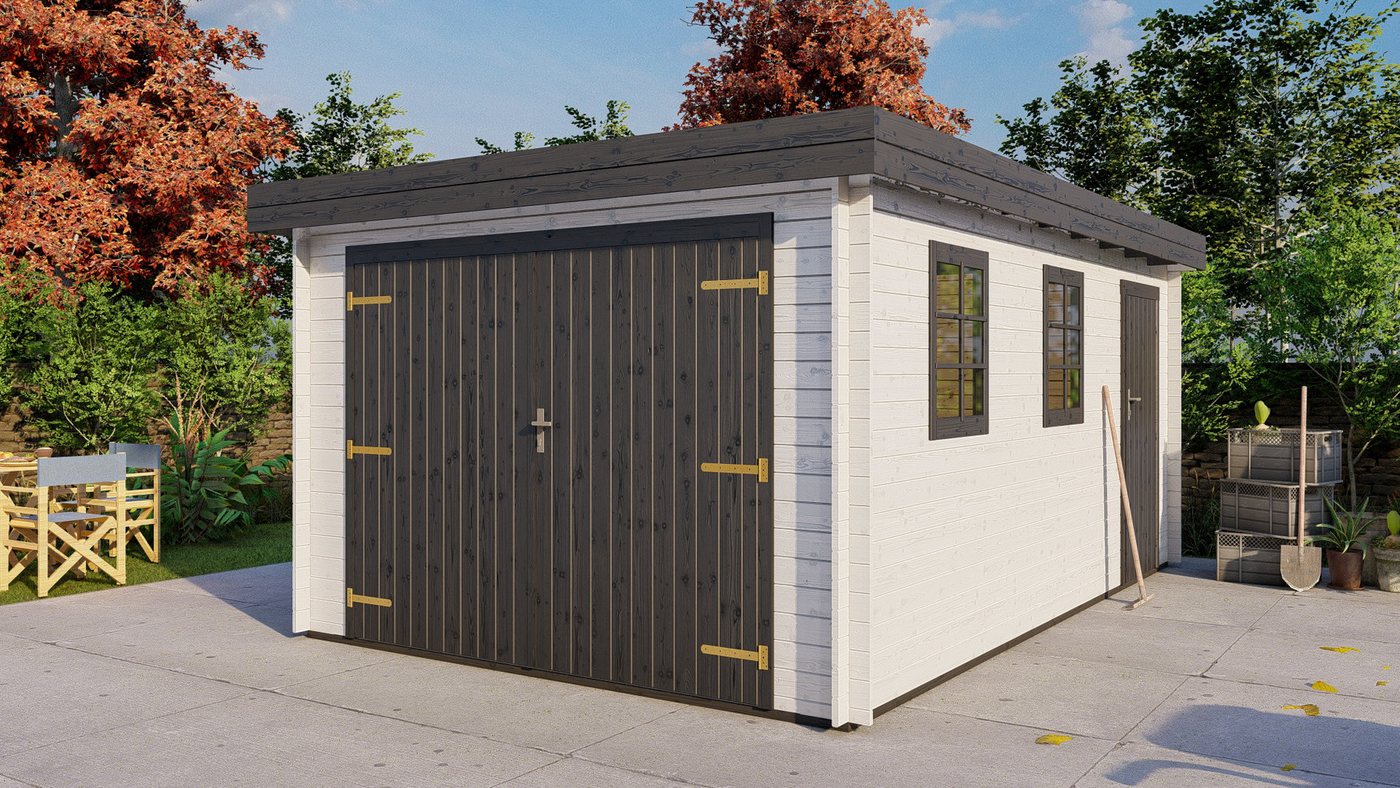 Finn Art Blockhaus Garage Flachdach Holzgarage Schweden 51 mit Holztor natur, ohne Fußboden, Einzelgarage aus Holz, mit Premium Dachbahn, mit Premiu