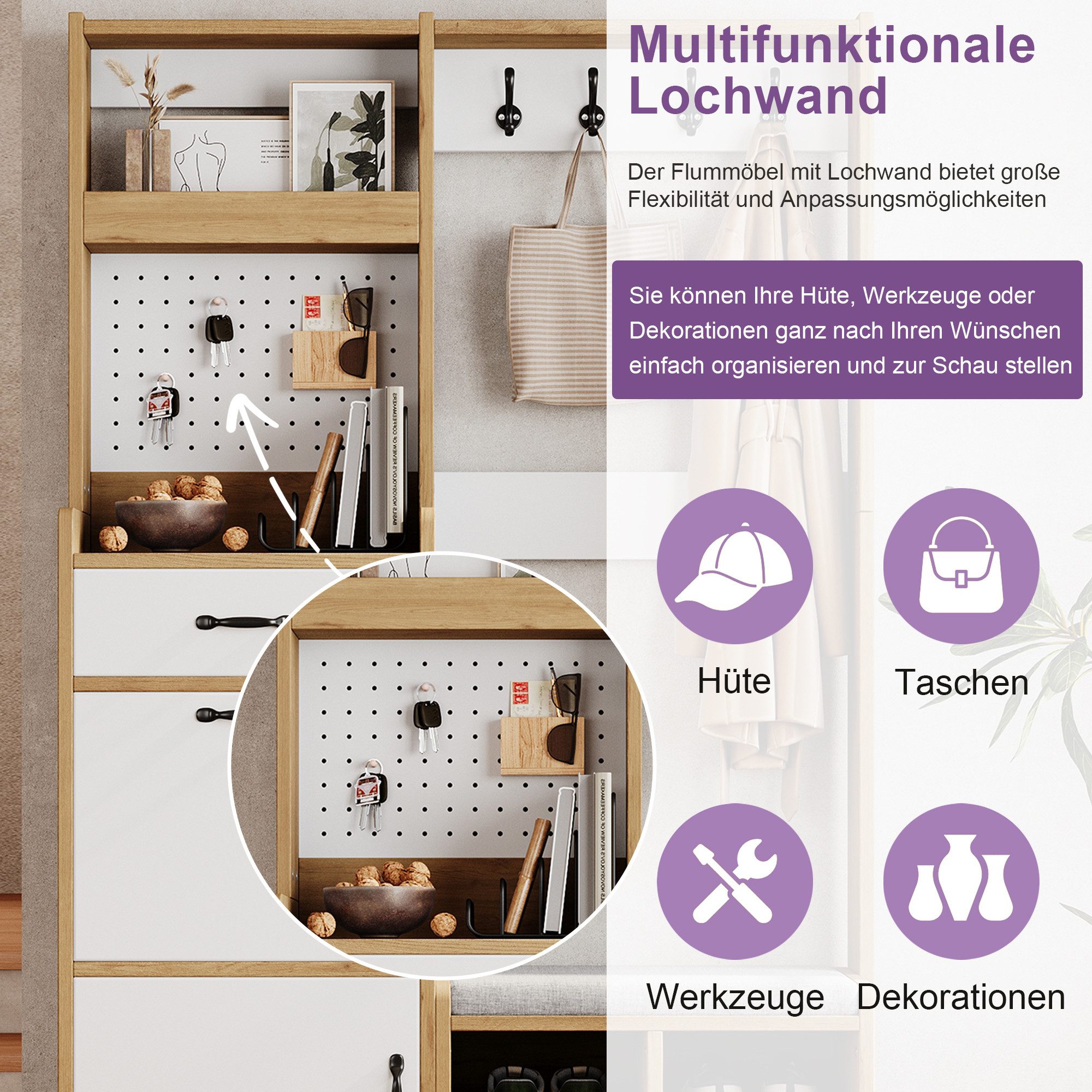 Merax Garderoben-Set in Naturholzoptik, Kompaktgarderobe mit Pegboard, (1-St., B108.5 × T35 × H180 cm), Flurgarderoben mit Schuhbank, 4 Kleiderhaken, Schublade  – Bild 5 von 5