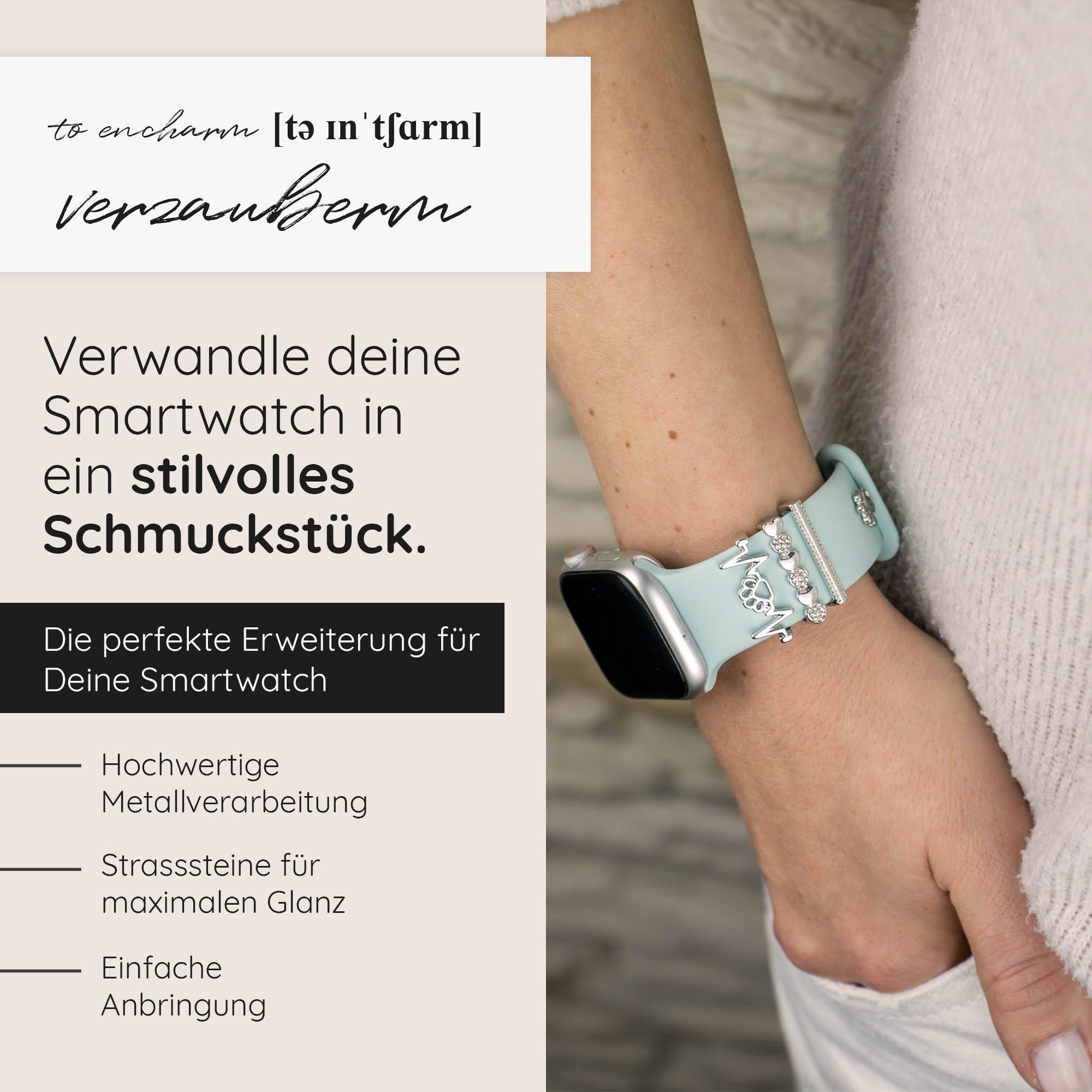 EAZY CASE Smartwatch-Armband Apple Watch Charms Set 38/40/41mm & 42/44/45/49mm, trendige Watch Charms Pfote Herzen mit Strasssteinen Silber – Bild 2 von 5