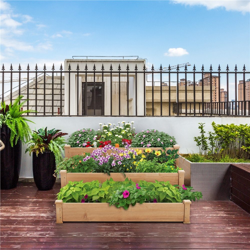 Yaheetech Hochbeet aus Tannenholz 3-Stufiges Gartenbeet für Hof/Garten/Gewächshaus, Pflanzgefäß Stufenbeet Blumenbeet 120 x 120 x 56 cm stapelbar