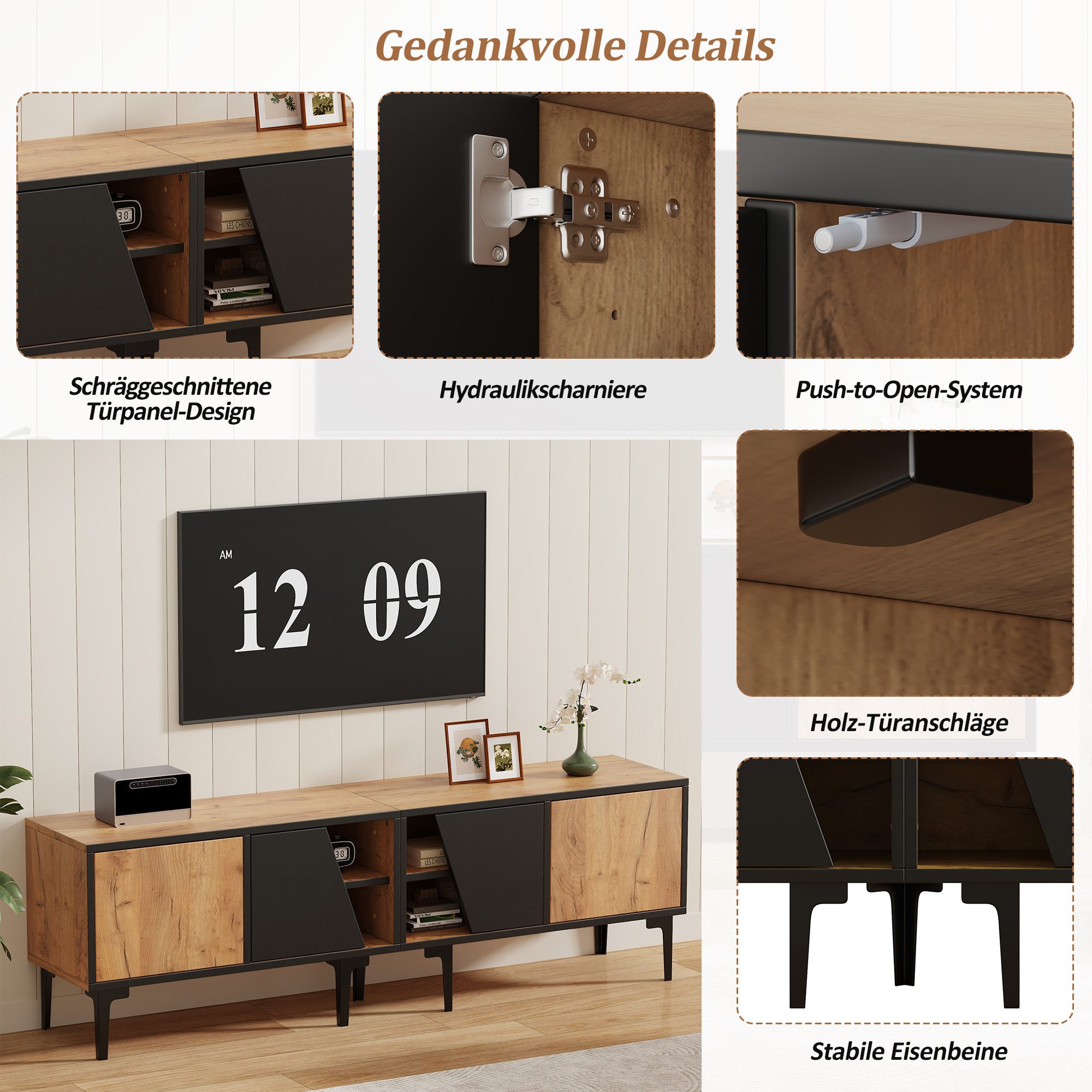 Merax Lowboard in Naturholz und Schwarz (1 St), TV-Schrank mit 4 Fächer, 7 Stützbeine & diagonale Türen, 160×36,5×45cm