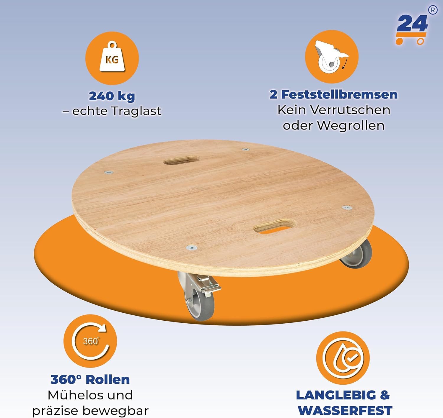 Rollbrett24 Transportroller Pflanzenrollbrett, Werkstattrollbrett für Reifen & Felgen bis 19 Zoll, (4-St., 1x Rollbrett Wheel), 240 kg Tragkraft, 2 Feststellbremsen, 360° Rollen, für Reifen geeignet