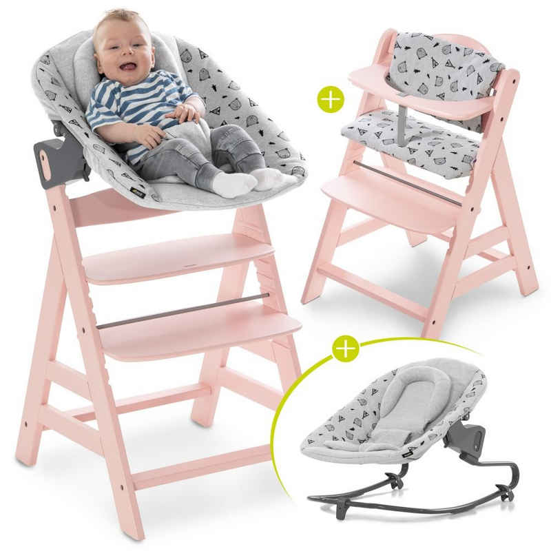 Hauck Hochstuhl Alpha Plus Rose Newborn Set (Set, 4 St), Holz Babystuhl ab Geburt inkl. Aufsatz für Neugeborene & Sitzauflage