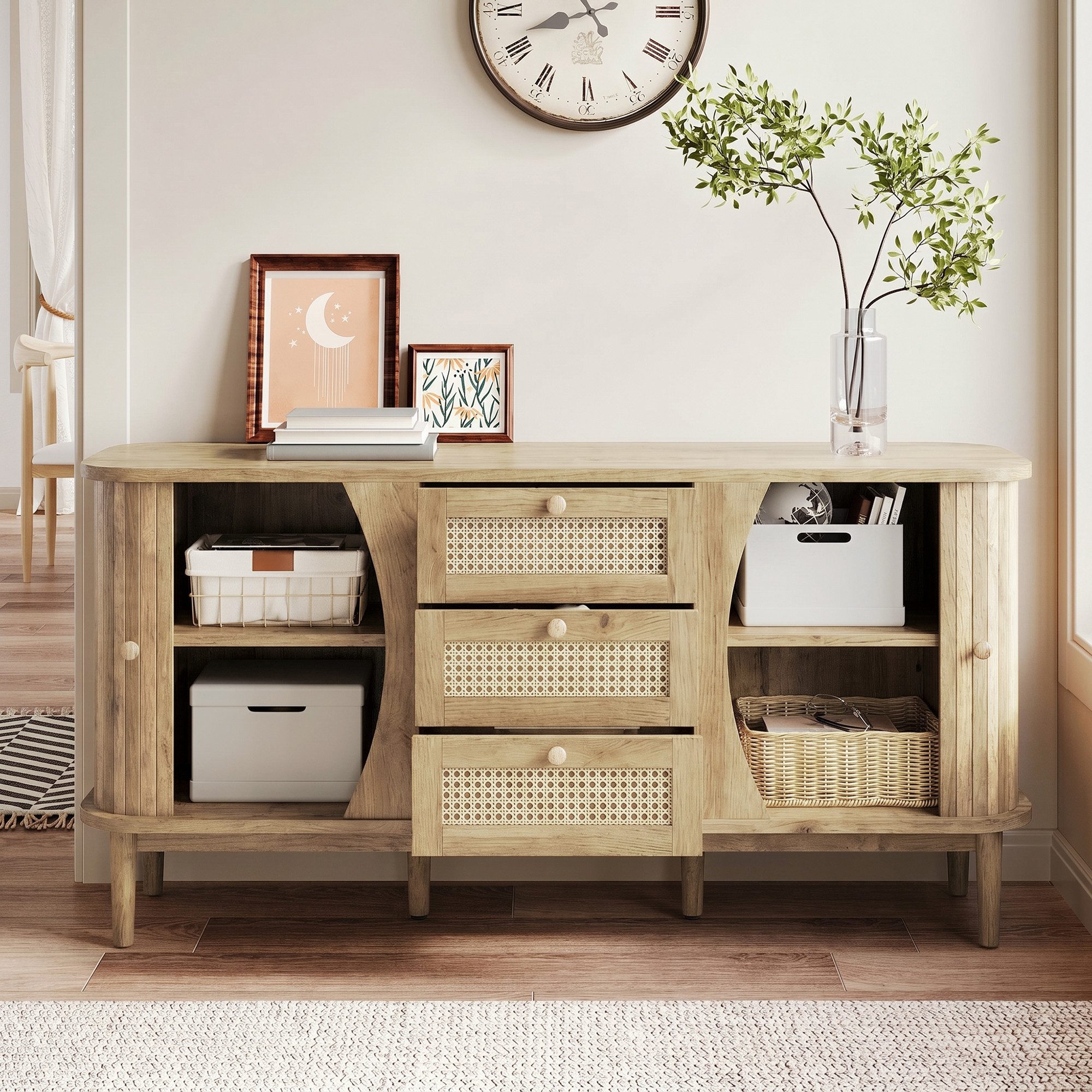 Merax Sideboard in Holzoptik mit Rattanschubladen (Anrichte Buffetschrank 140,5x40x76cm, 1 St., für Wohnzimmer, Esszimmer und Flur), Kommode mit Schiebetüren, abgerundeter Platte & großem Stauraum