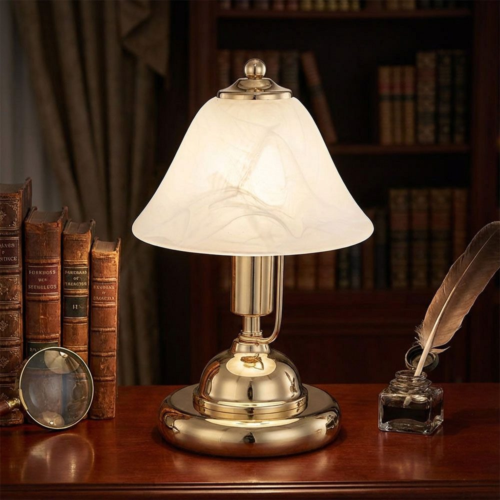 GLOBO LIGHTING Schreibtischlampe, Leuchtmittel nicht inklusive, Tischlampe Wohnzimmerleuchte Metall Glas Messing Antik H 27 cm 2x