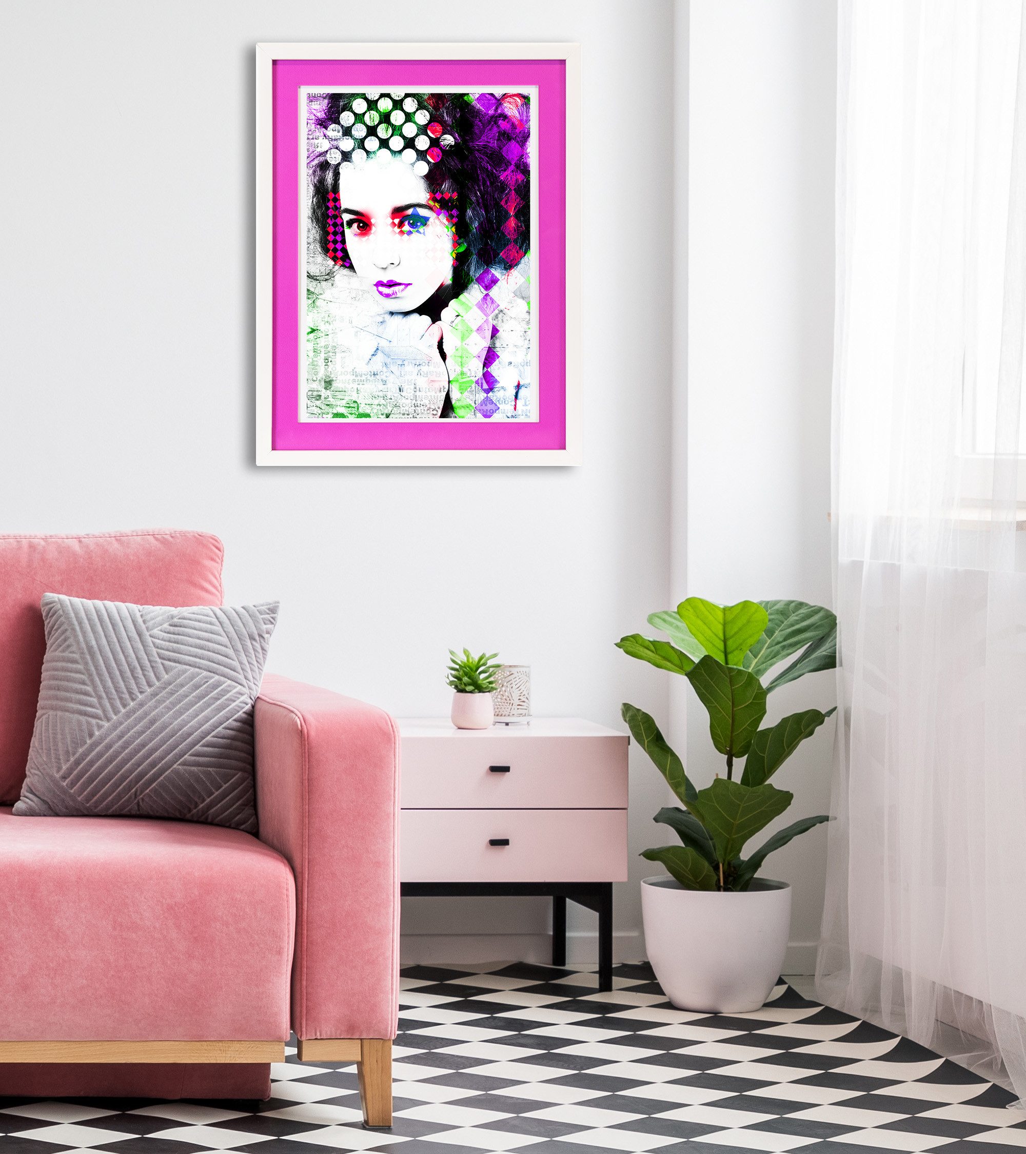 queence Bild mit Rahmen Frau, Abstrakt, Bunt, Bilder von Frauen, Frau, Gesicht (1 St), Poster mit buntem Acrylglas Passepartout