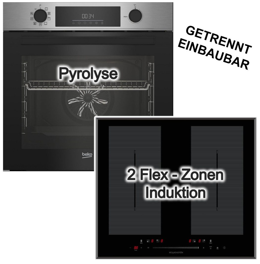BEKO Backofen-Set Pyrolyse 72 L + Wolkenstein Induktionskochfeld Flexzonen Booster Touch, Pyrolyse-Selbstreinigung