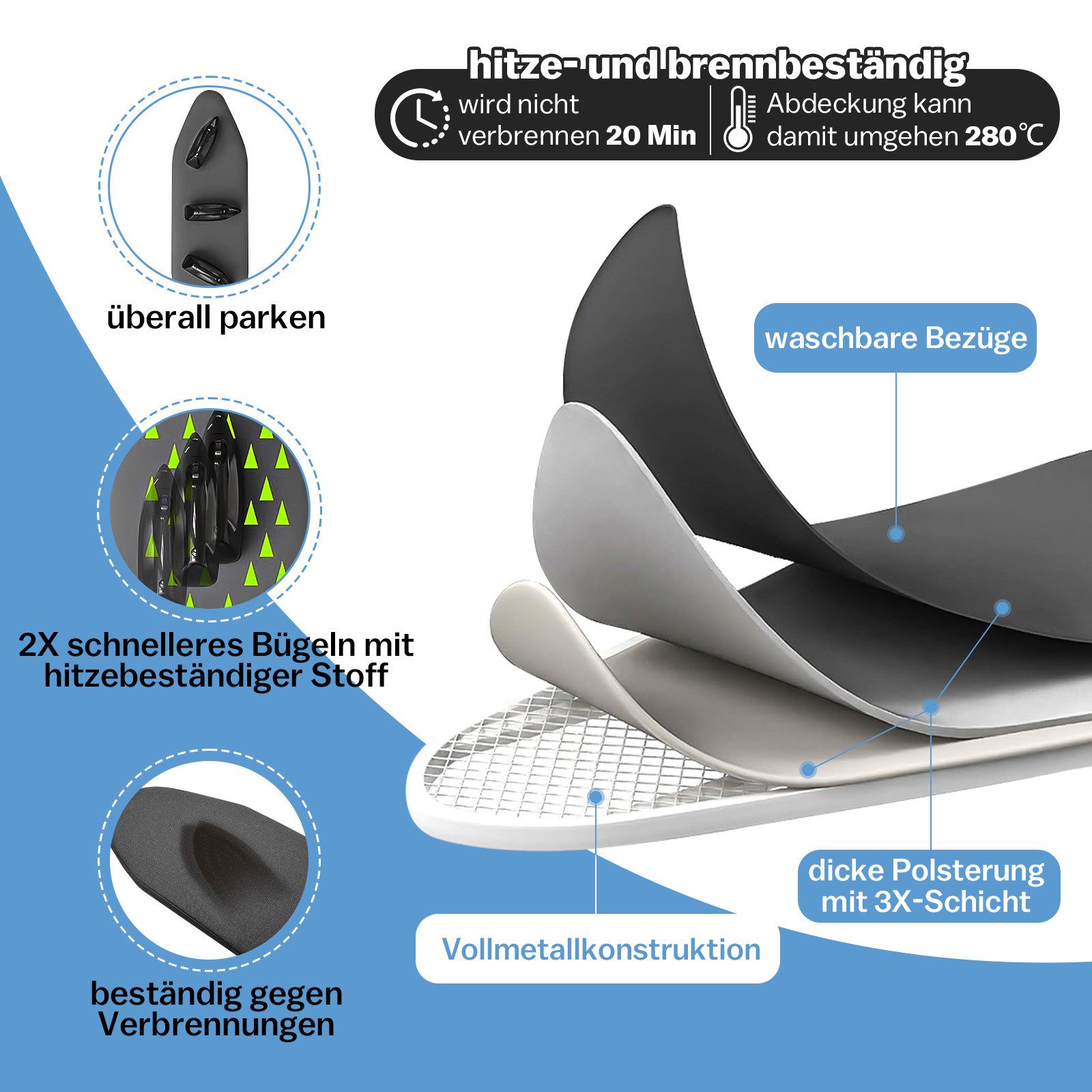XERSEK Aktivbügeltisch Bügelbrett Klappbar mit Wandmontage ist höhenverstellbar, Ironing Board, Platzsparende Bügelbretter für Wäschereien