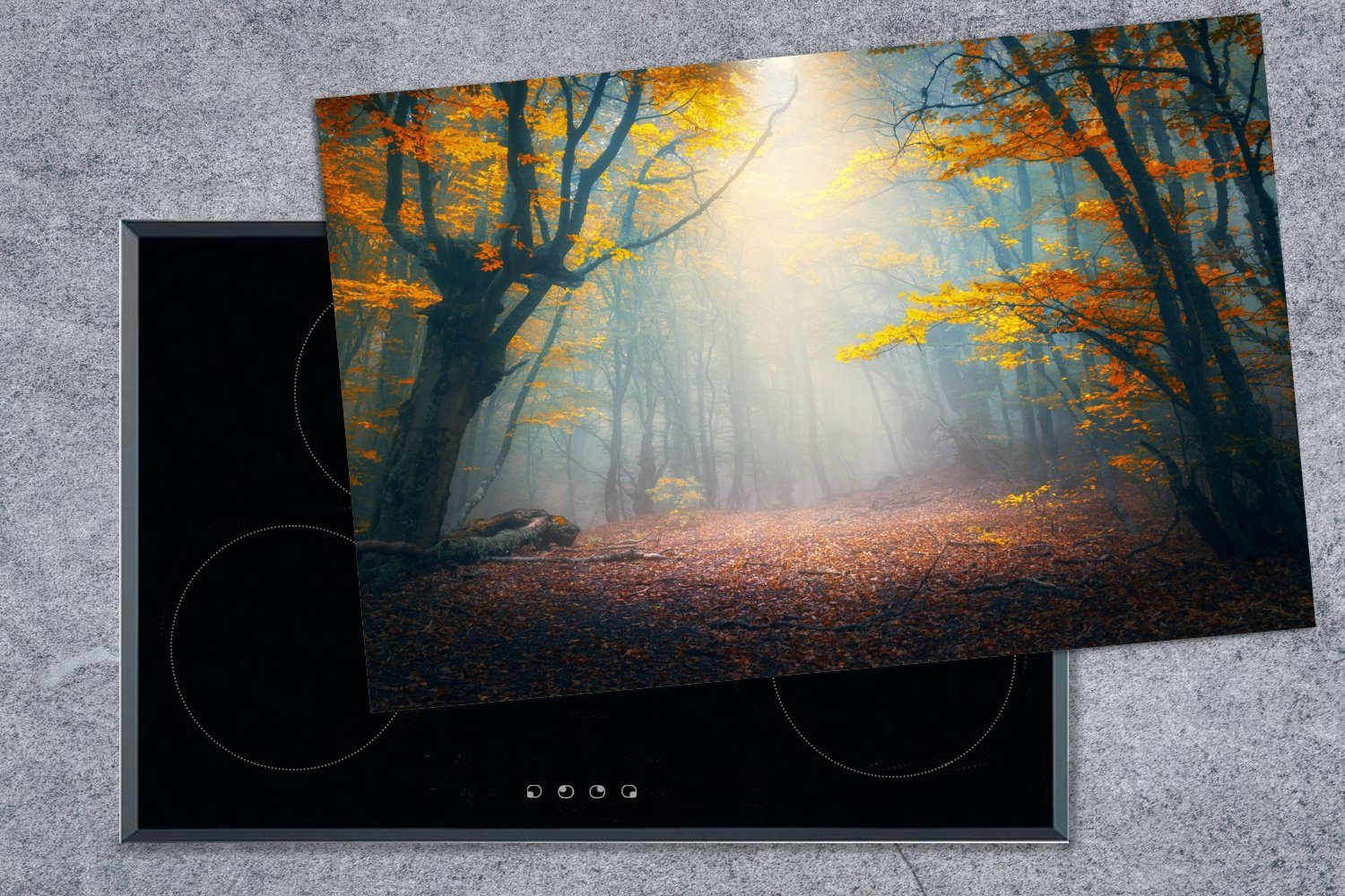 MuchoWow Herdblende-/Abdeckplatte Wald 80x52 - Nebel - für tlg), cm, Ceranfeldabdeckung Vinyl, die (1 Herbst, küche, Schutz Induktionskochfeld