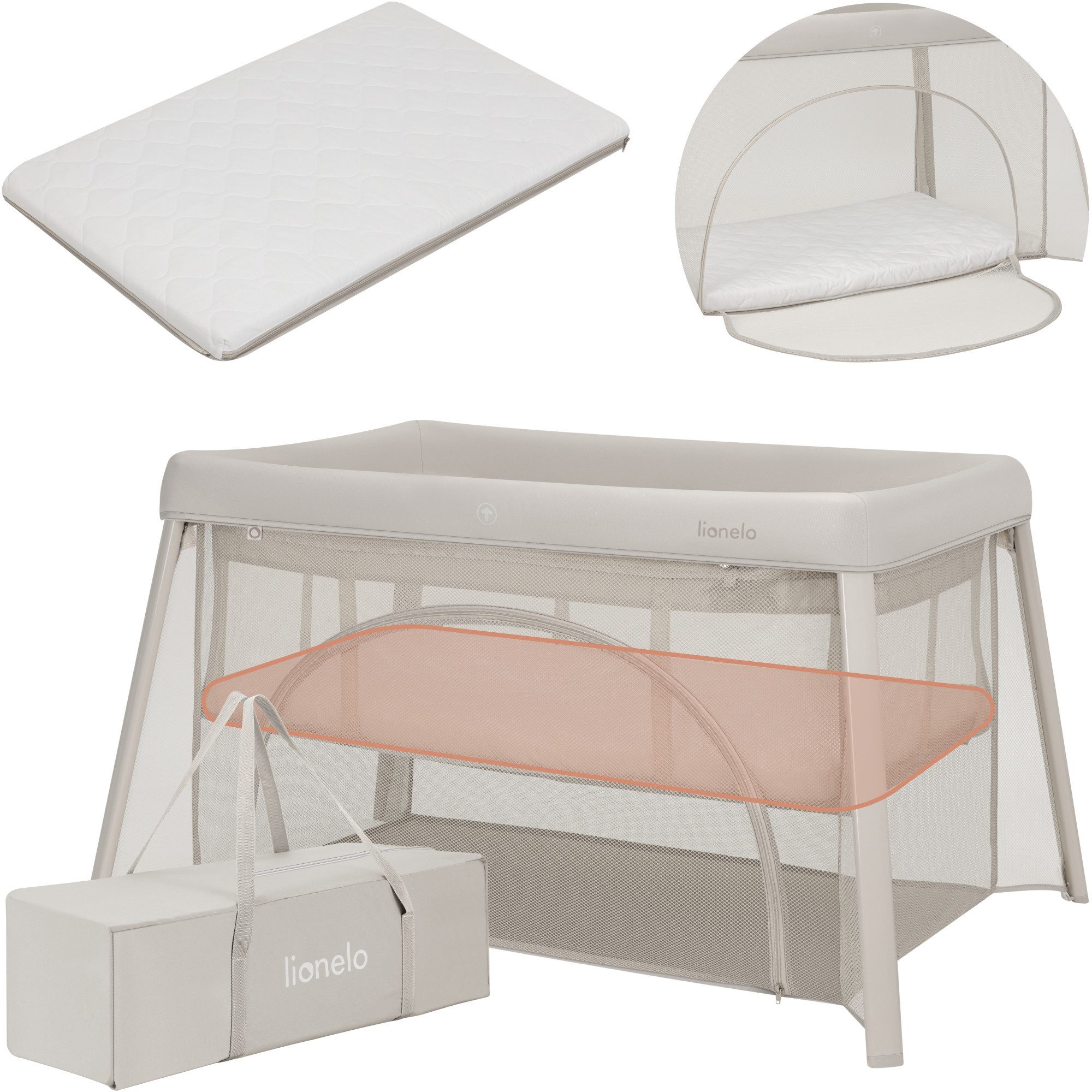 lionelo Baby-Reisebett MILA, 2in1/4-cm-Matratze/2 Höhen/360°-Netz/Tasche – Bild 3 von 5